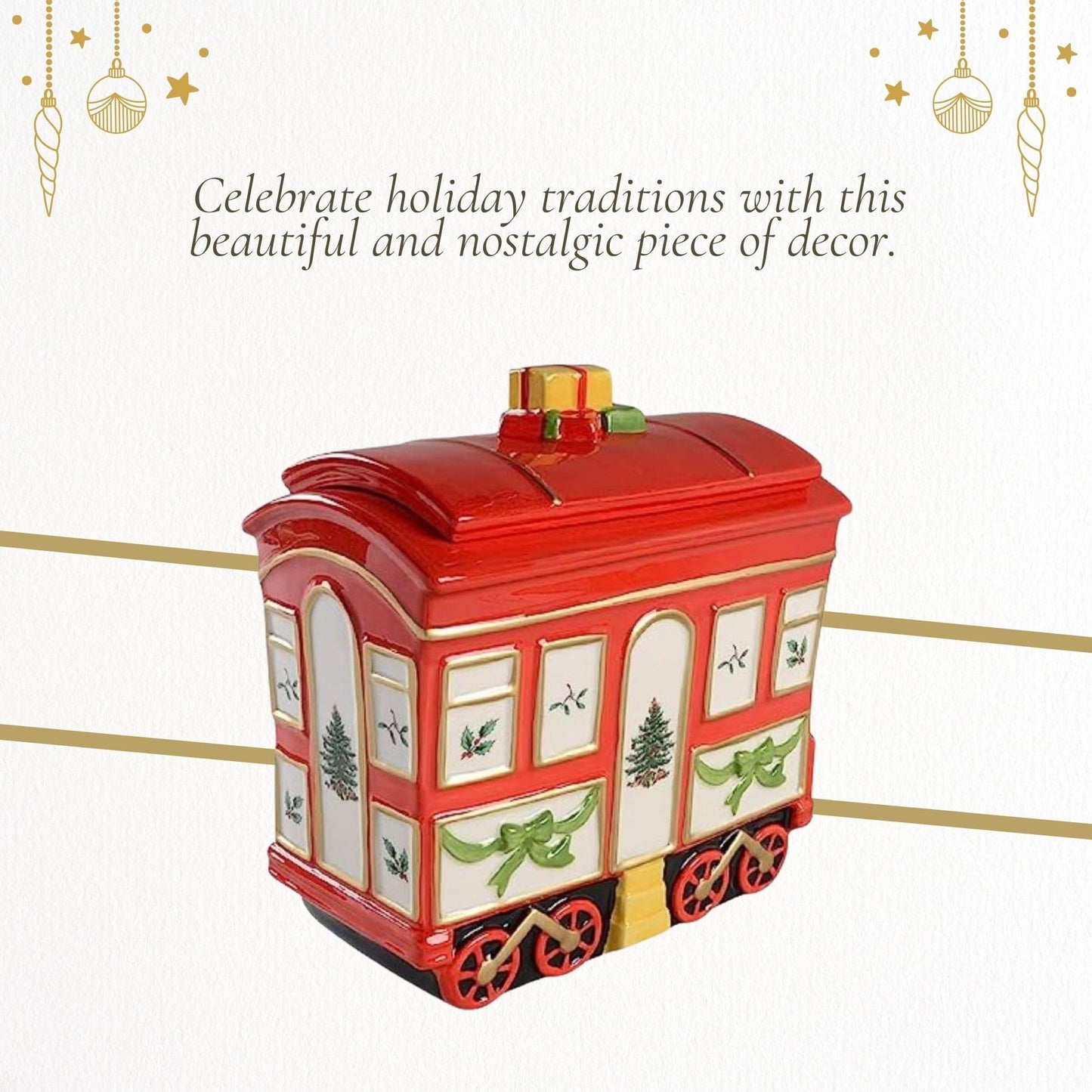 Spode Christmas Tree Cookie Jar with Lid, 8.5" Ceramic Holiday Train Car Dish for Cookies, Candy, Nuts - Festive Christmas Home Decor & Holiday Treats Jar - Great for Collectors