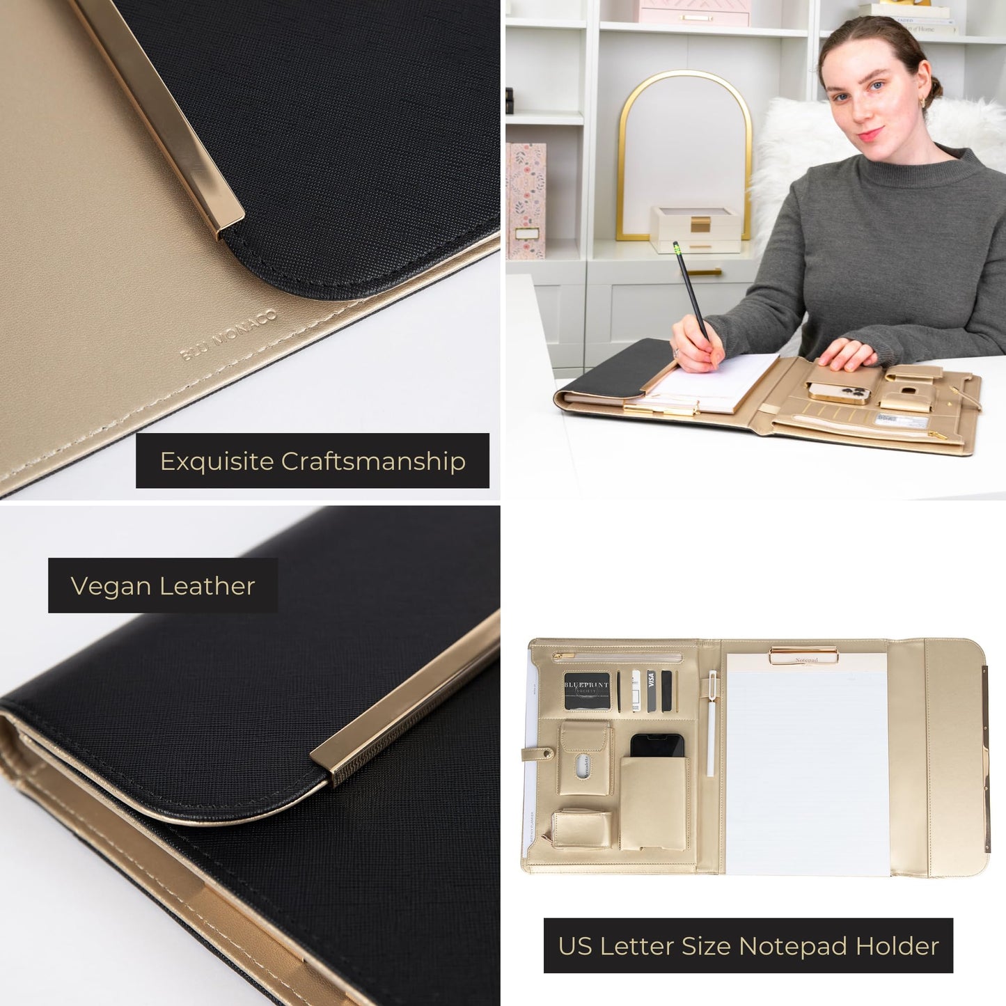 BLU MONACO | Black Vegan Leather Portfolio Binder for Women | Professional Padfolio with Magnetic Closure & Gold Trim | Business Organizer Case for Documents & 8.5 x 11 Notepad