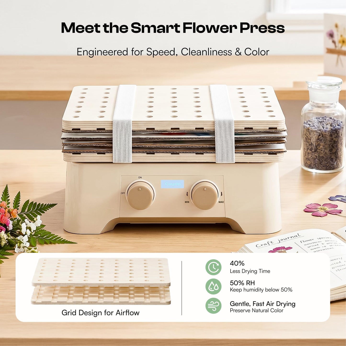 Caydo Electric Flower Press Kit, 11.5"x8.3" Fast Drying Flower Drying Machine, Air-Dried and Color Preserving for Arts and Crafts Lover, Preservation Kits for Bookmark Frame Flowers Drying