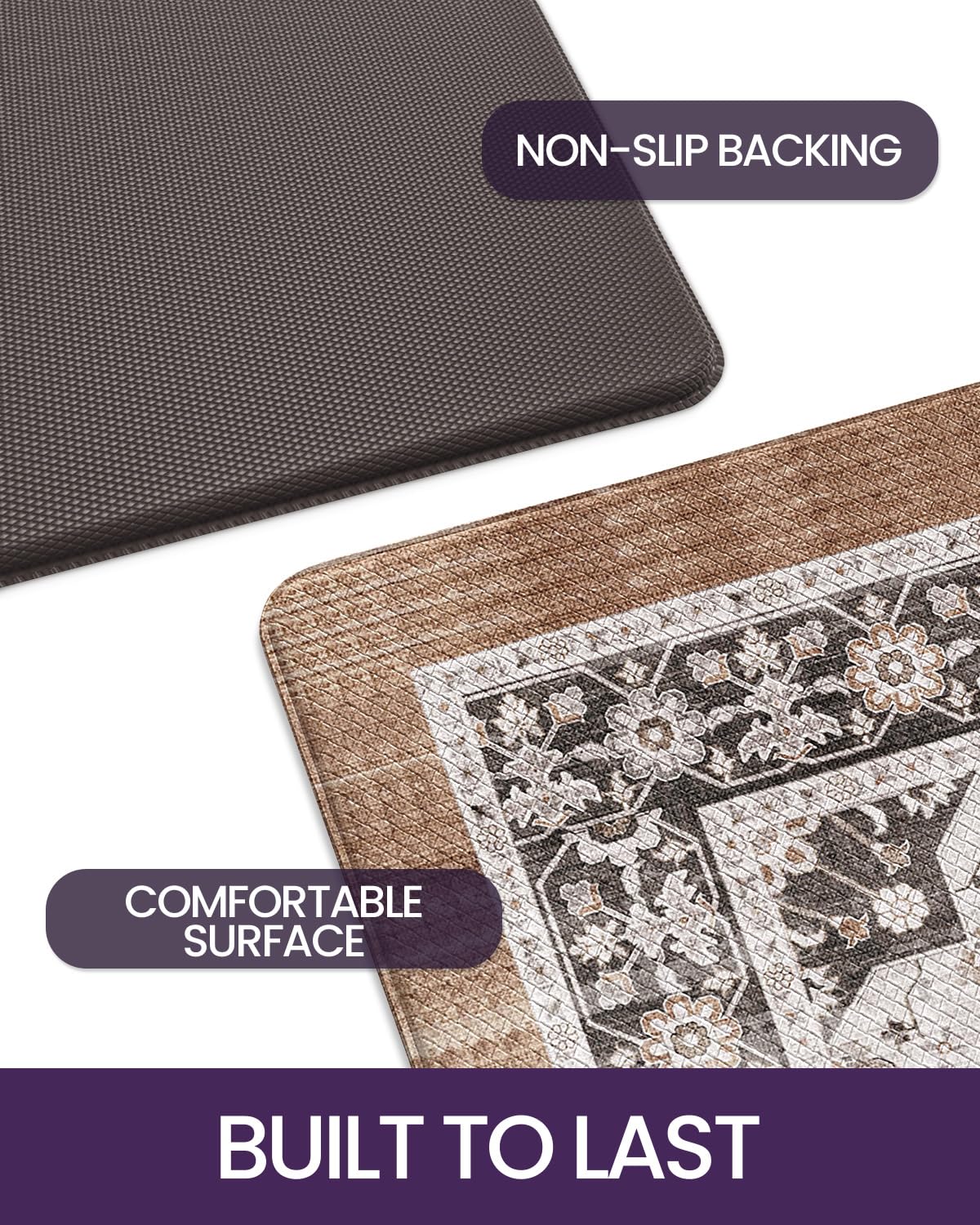 DEXI Kitchen Floor Mats Cushioned Anti Fatigue, 23x86 Long Wide Standing Comfort Runner Rug, Waterproof Retro Floral Memory Foam Padded for Front Sink Laundry, Brown/White