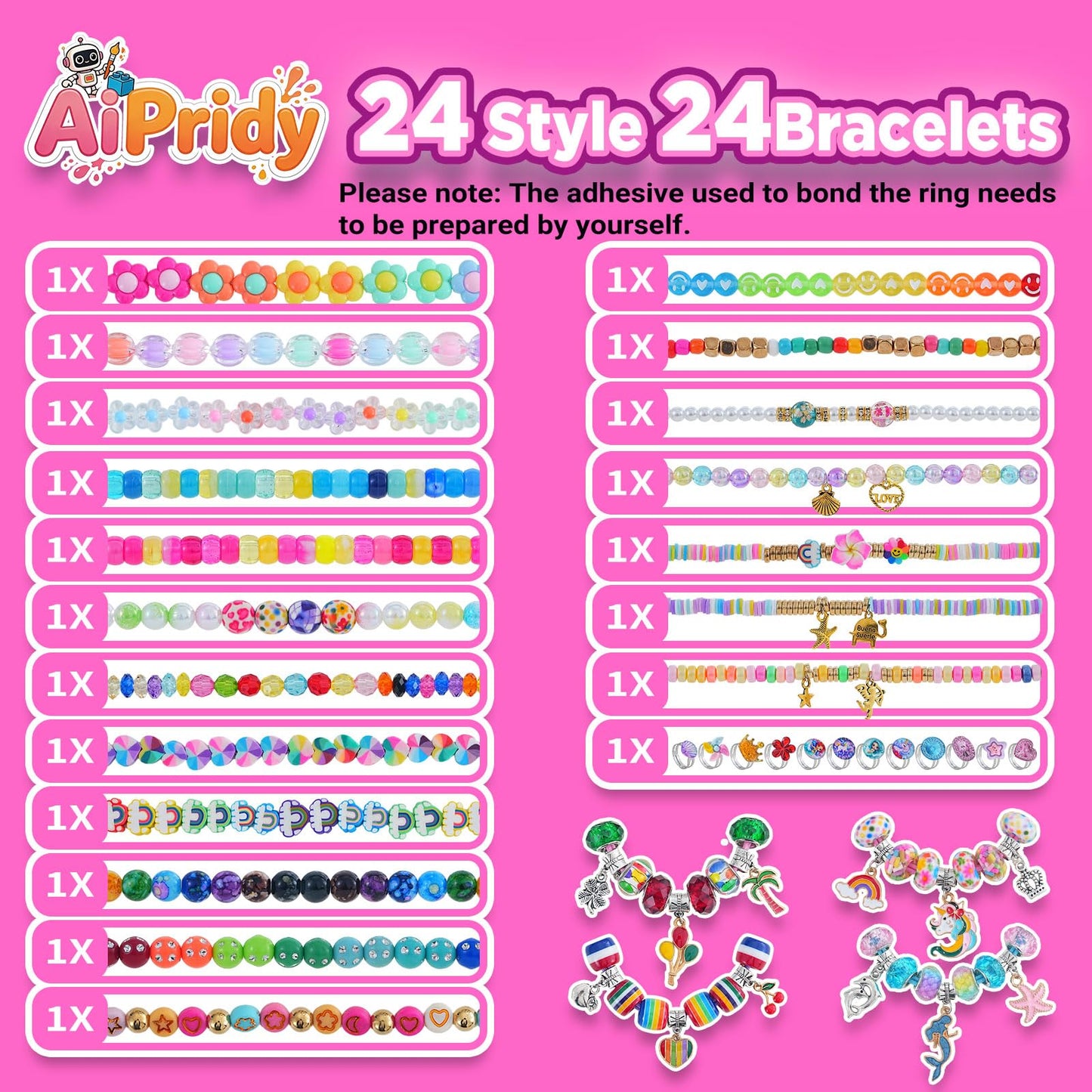 AIPRIDY Creative Beading Kit, Charm Bracelet Jewelry Making Kit for Kids, 24 Styles, 24 Pack Bracelet Wands,Classroom Prizes,Goodie Bags Stuffers, Ages 4+ (Glass+Plastic Mixed)