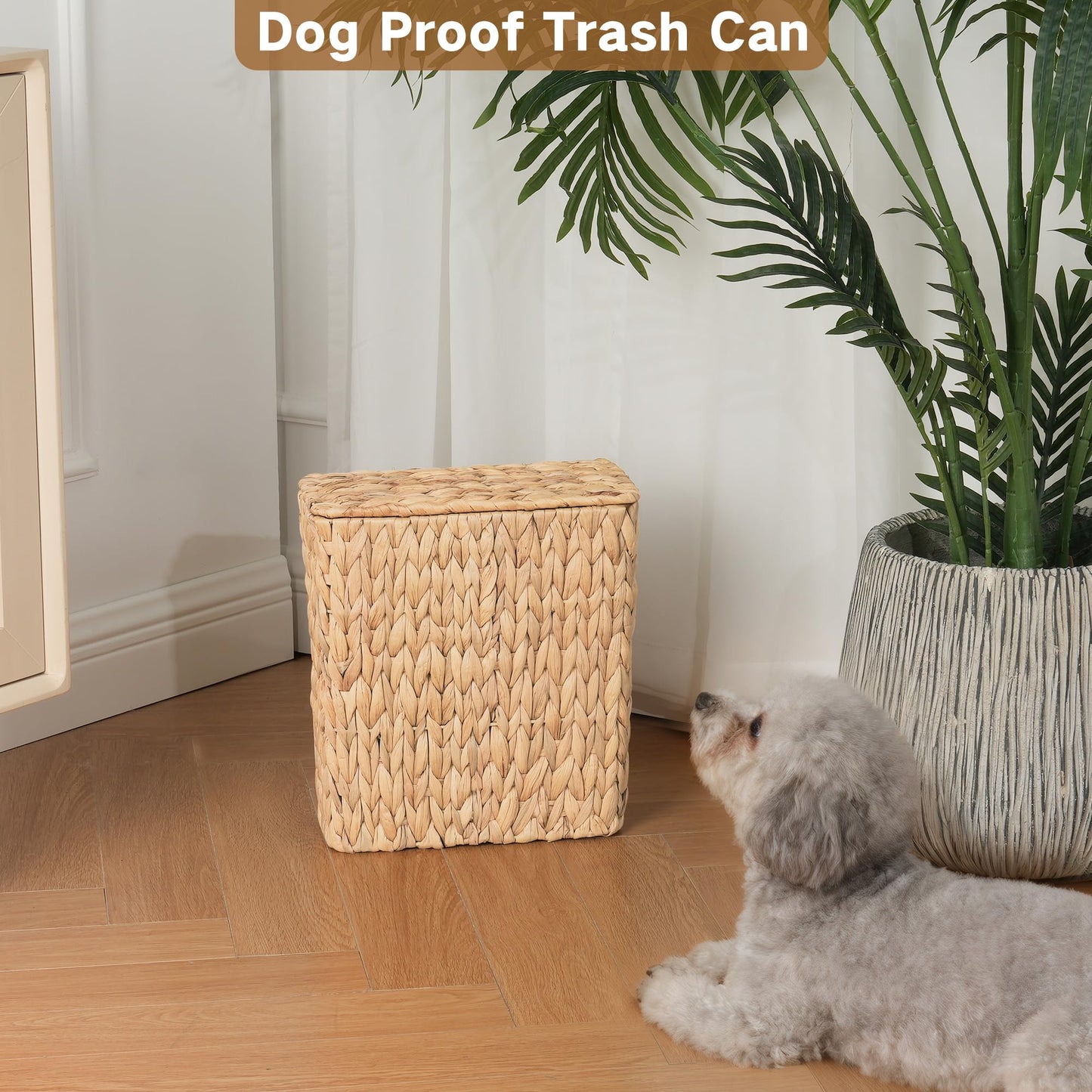 iEGrow Wicker Trash Can, Bathroom Trash Can with Lid, 3 Gallon Natural Water Hyacinth Waste Basket with Removable Liner, for Bedroom, Living Room, Toilet, Under Sink