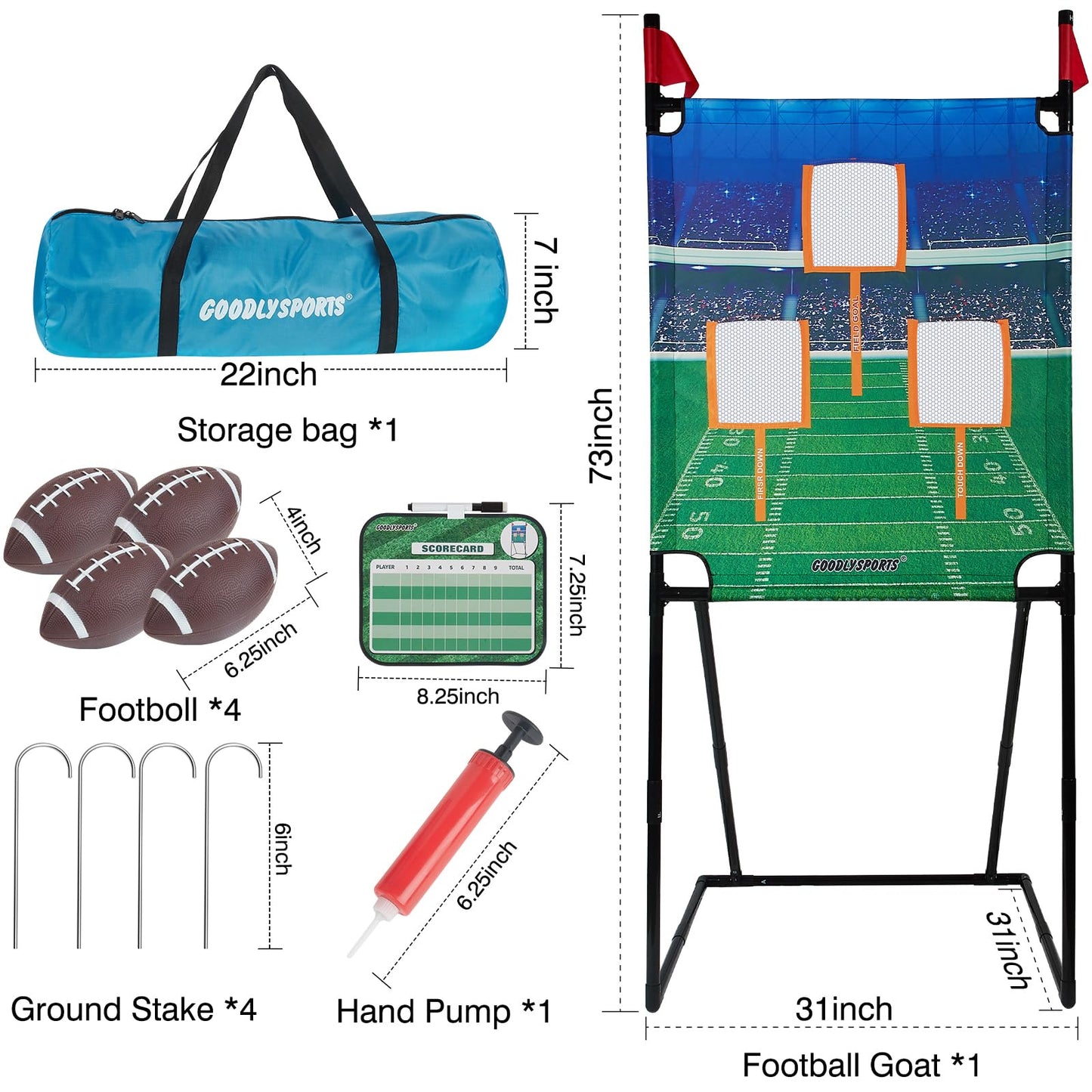 GOODLYSPORTS Football Toss Game with 4 Footballs, 66" Football Target, PVC Material, Green, Blue, Black, Classic Style, Indoor/Outdoor Use, 1+ Players, Target Tossing Game