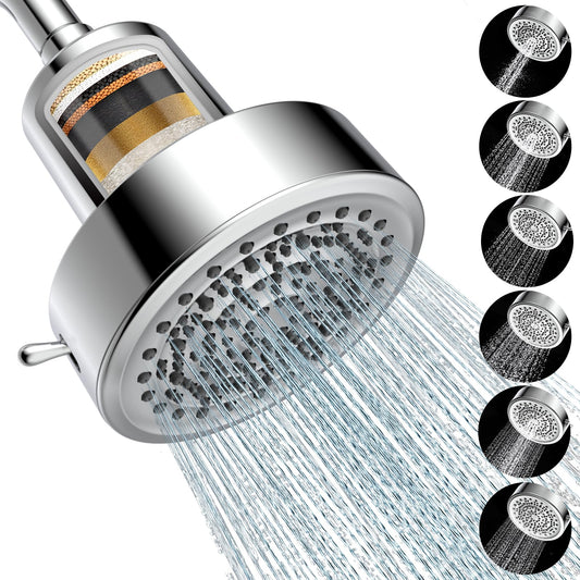 Filtered Shower Head for Hard Water – Removes Chlorine & Heavy Metals,6 Mode Settings High Pressure Shower Head Filter for Healthier Hair & Skin, Easy install,Water Softener Showerhead
