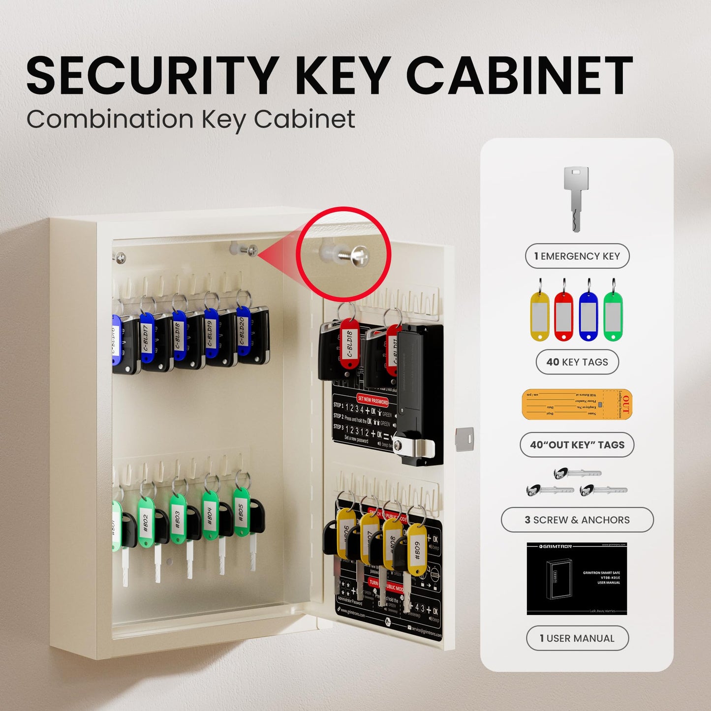 Grimtron 40 Keys Electronic Key Lock Box for Keys with Code, Private/Public/Password Hiding Mode Key Cabinet Wall Mount for Garage/Property Management Key Storage