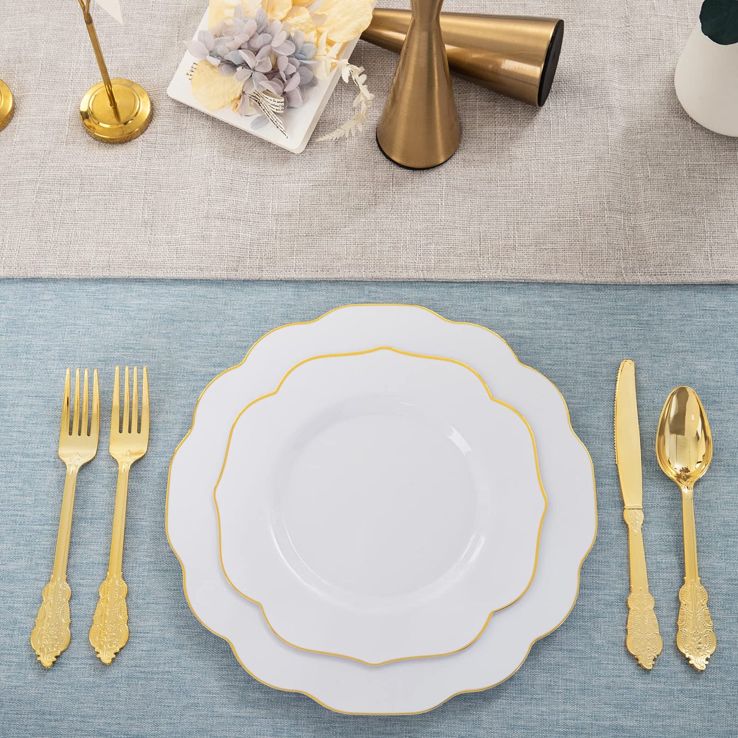 NOCCUR 120PCS Gold Plastic Plates Disposable for 60 Guests - Include 60 Dinner / 60 Dessert Plates Heavy Duty for Wedding&Party