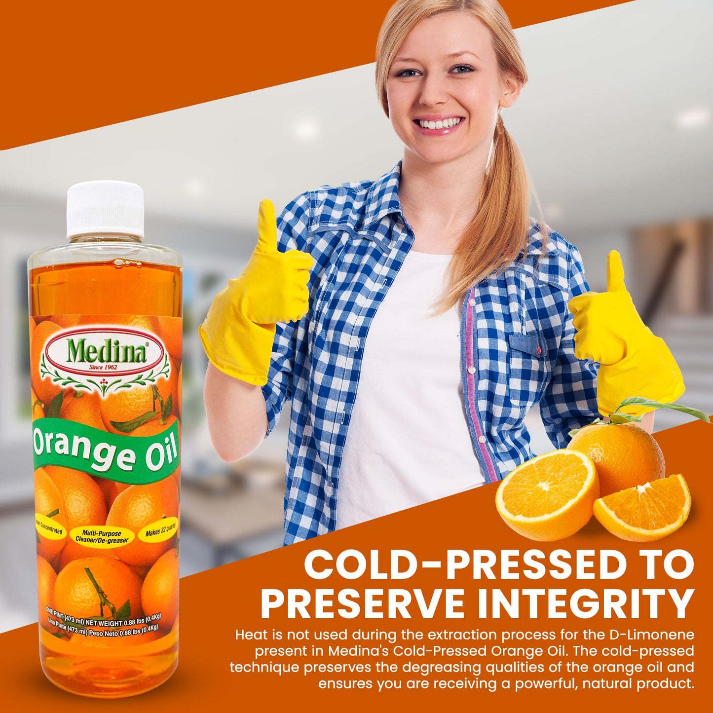 Medina Orange Oil Cleaner & Degreaser Concentrate - All Purpose Orange Oil Cleaner, Cabinet Cleaner Degreaser, Wood Degreaser for Kitchen Cabinets, Ideal for Mopping Floors & Automotive - 16oz