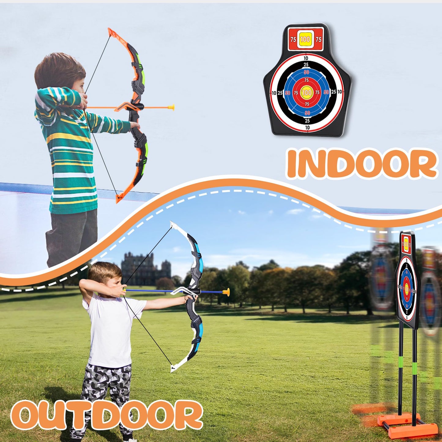 2 Bow and Arrow Set with Standing Moving Lens and 2 Colors, 20 Suction Cup Arrows, Lighted Archery Toys for Kids Ages 4-12 Boys Girls Indoor Outdoor