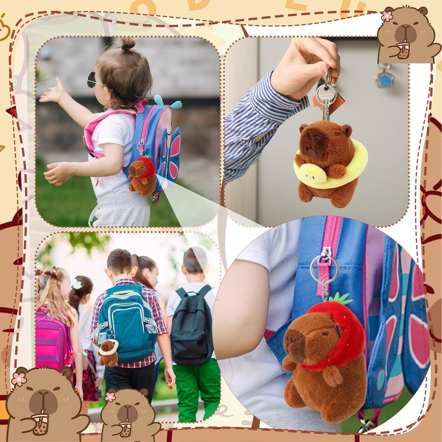 Guiqulai 9 Piece Capybara Plush Keychain Set, Cute Animal Keychains with Turtle Strawberry Hat Bread Outfits for Backpack Gifts