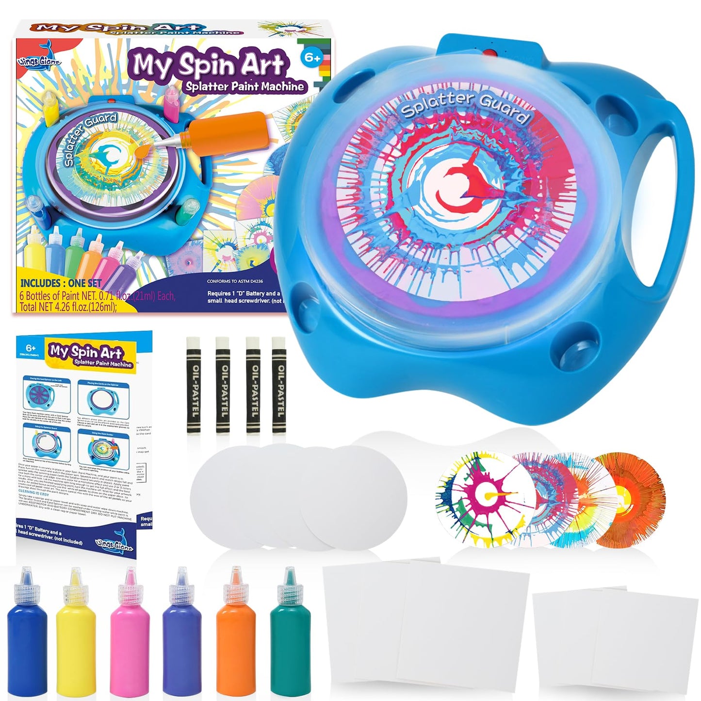 Spin Art Machine Variable Speed, Battery Operated Spinner - Paint Spinner with Splatter Guard, Washable Paint, Spin Art Kit, Stem Toys, Arts and Crafts