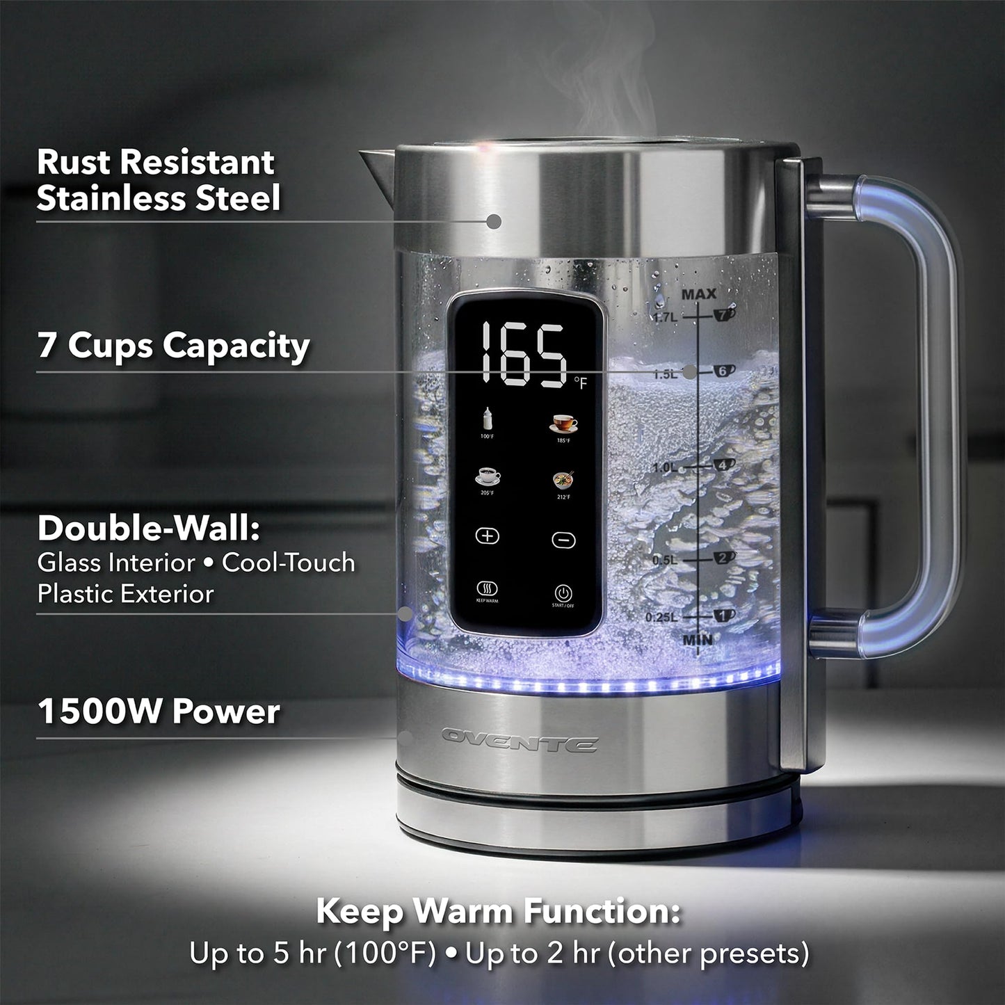 OVENTE Digital Glass Electric Tea Kettle 1.7L with Color-Changing LED Lights Temperature Control, Double-Wall Cool Touch, 4 Presets, Keep Warm, Tea Infuser & Boil-Dry Protection, Silver KGD913S