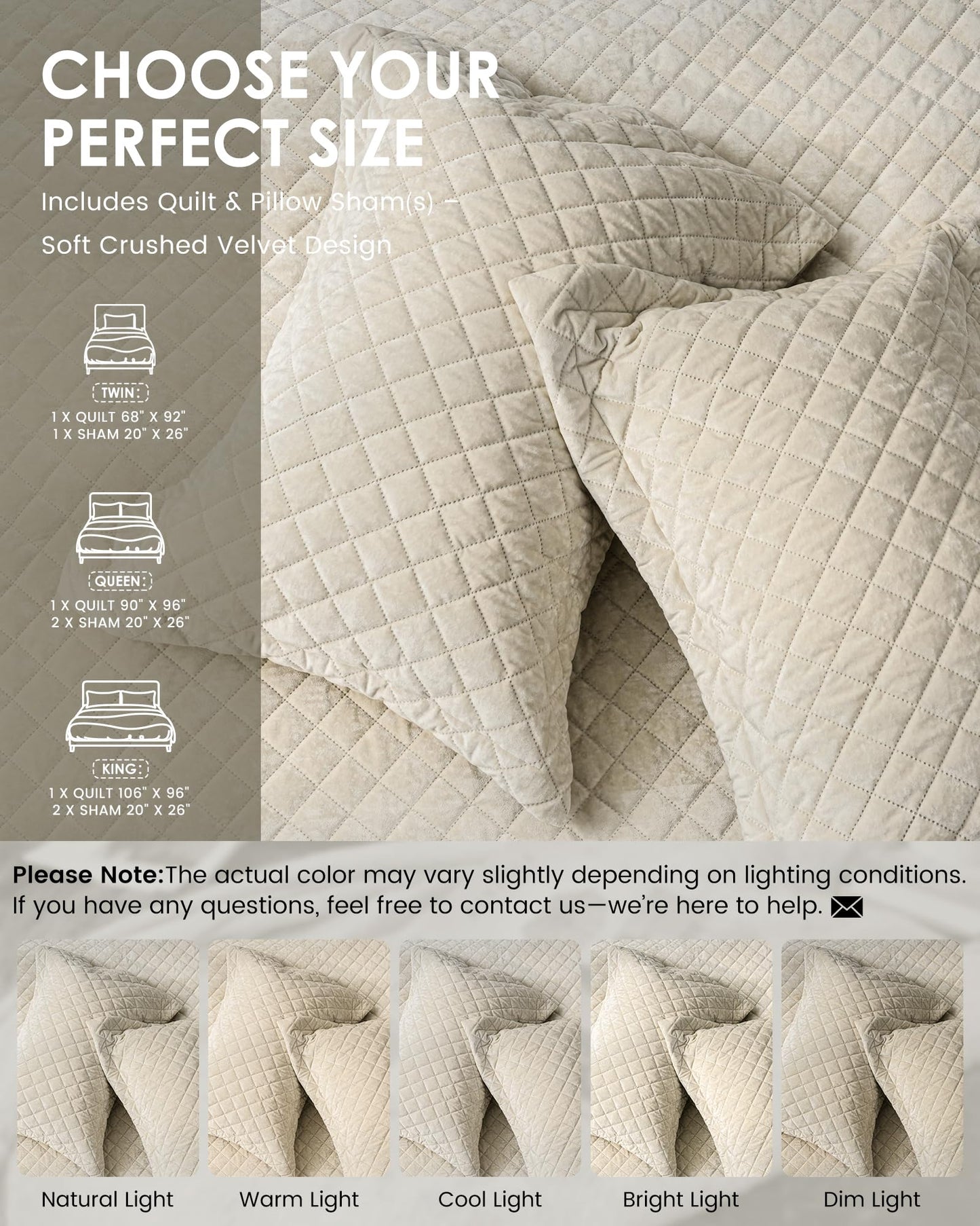 dennylife Luxury Velvet Queen Quilt Set, Ultra Soft Lightweight Cream White Velvet Comforter Set, Oversized Bedspread Coverlet with 2 Pillowcases Diamond Pattern, for All Season (Beige)