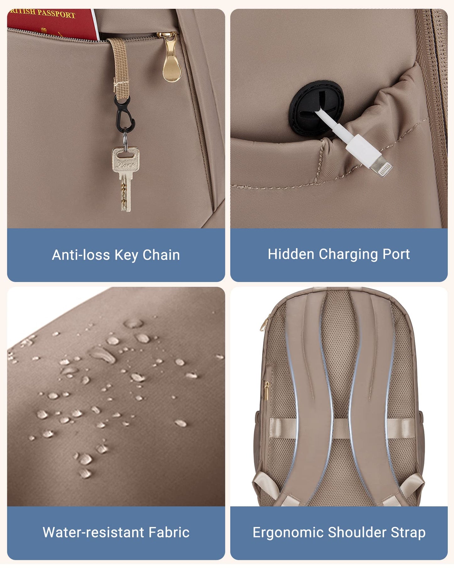 LIGHT FLIGHT Travel Laptop Backpack Women, 17.3 Inch Laptop Backpack with USB Charging Hole, Water Resistant College Bookbag, Black Computer Backpacks for Work, champagne
