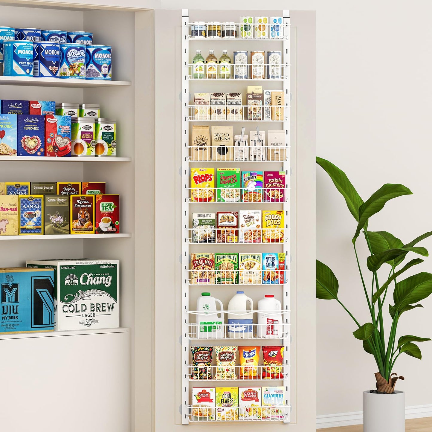 MIAOLI Over the Door Pantry Organizer, 10-Tier Adjustable Spice Rack Cabinet Door Shelves, Hanging Seasoning Organizer for Kitchen Bathroom, Laundry Room Organization, White