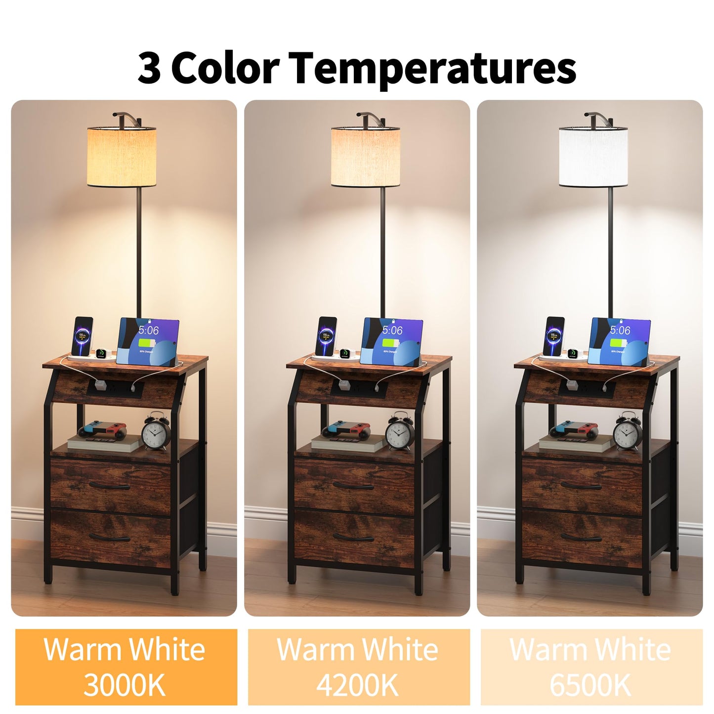 ZHNSYDN End Table with Floor Lamp, Nightstand with Charging Station, Floor Lamp Table with 3-Color Temperature Bulb, Bedside Table Night Stand with 2 Drawers for Bedroom, Living Room, Brown