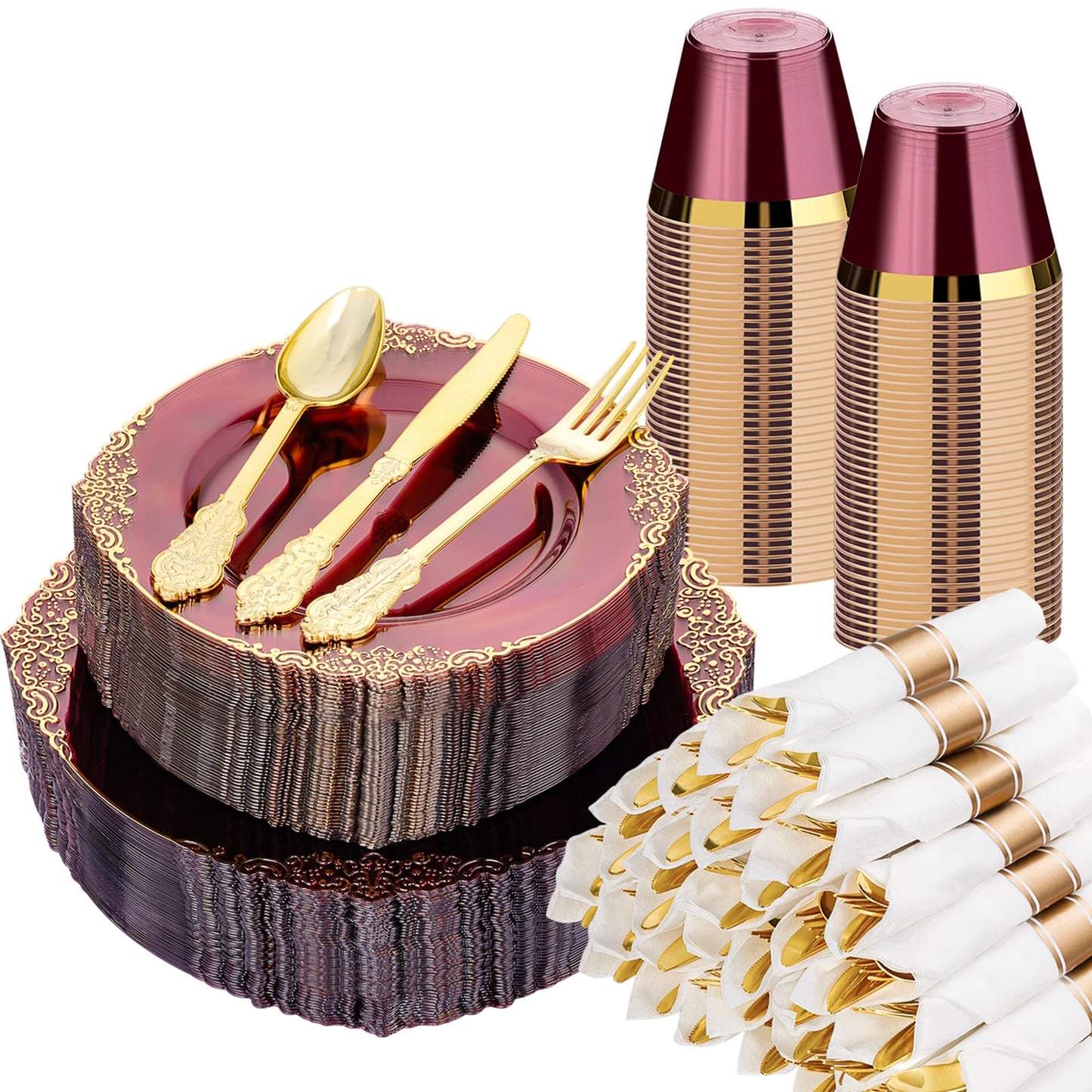 Bestluck 350 PCS Burgundy and Gold Plastic Plates, Disposable Dinnerware Set for 50 Guests, 100 Disposable Plates, 150 Silverwares, 50 Cups, 50 Napkins for Wedding, Party, Graduation