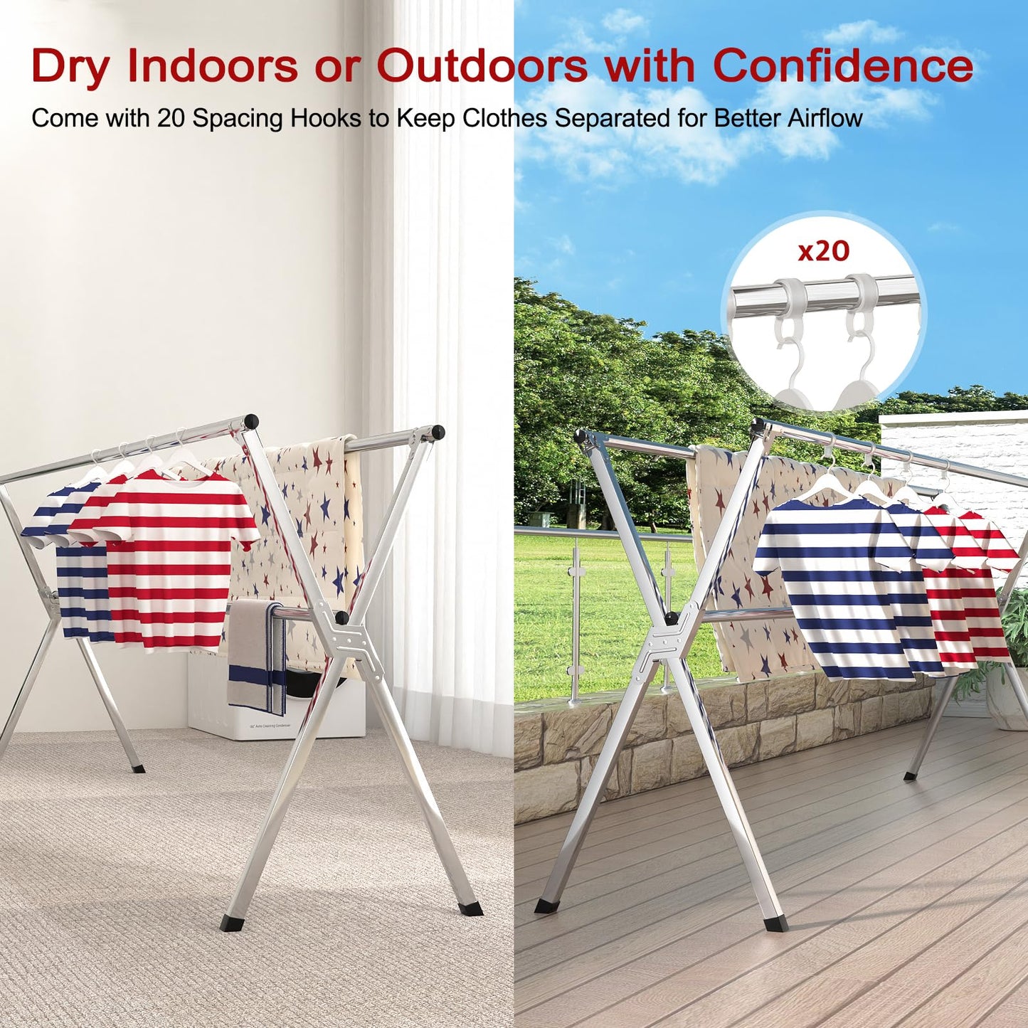 SOLVESTIS Clothes Drying Rack, Heavy-Duty Folding Laundry Drying Rack for Indoor Outdoor Use, 50.4-78.7" Extendable Stainless Steel, Space-Saving Design, Foldable Freestanding Airer