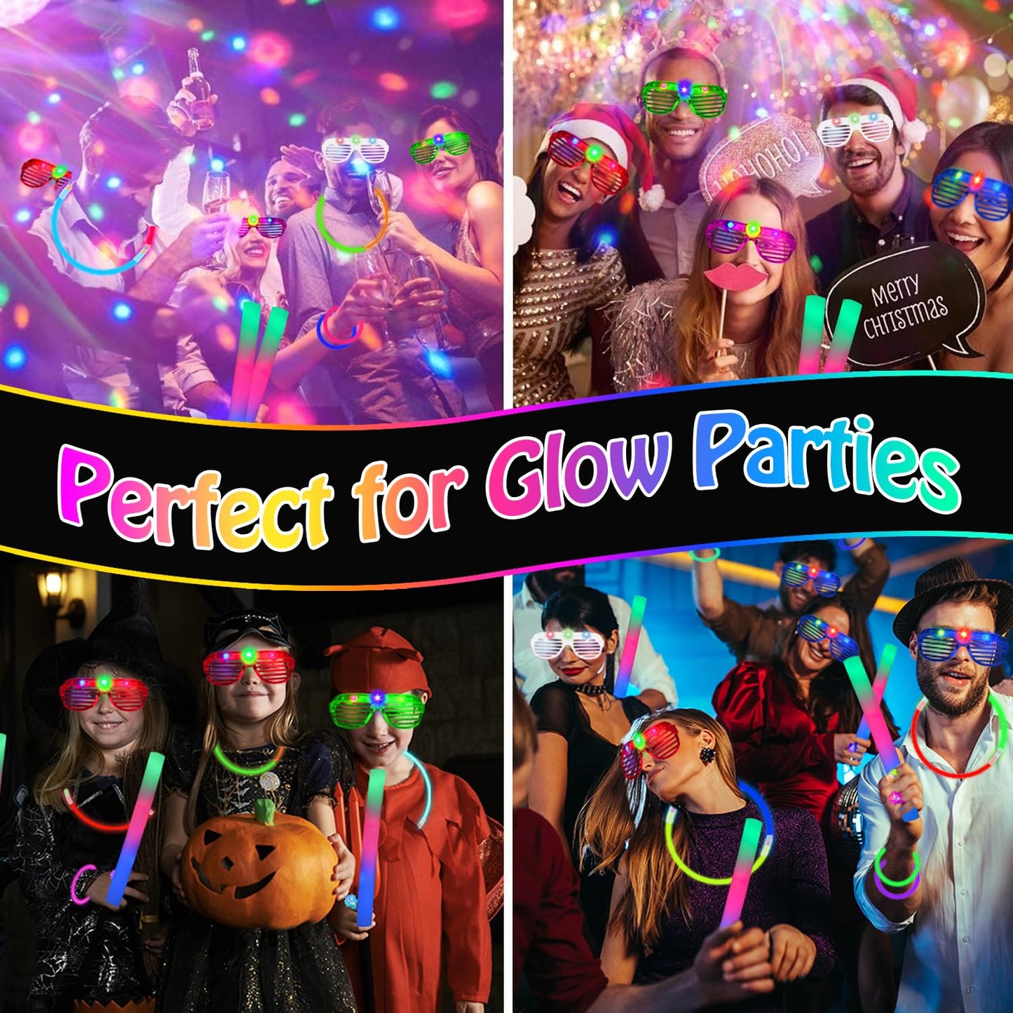 248PCS Glow in the Dark Party Supplies, Party Pack Bulk , 16PCS Foam Glow Sticks & LED Glasses, 16PCS LED Light Up Rings and 200PCS Glow Sticks for Neon Party Decorations, halloween party favors
