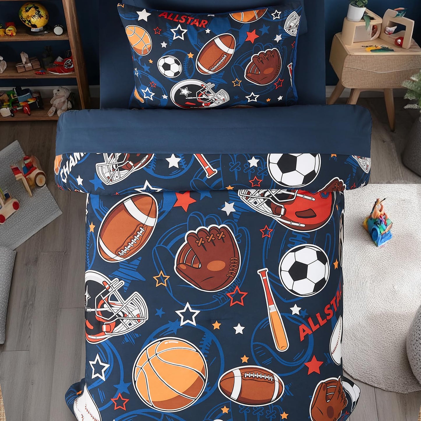 Wink Deer Twin Comforter Set for Boys-5 Pieces Sports Ball Games Glow in the Dark Twin Bedding Sets for Kids, Ultra Soft Bed in A Bag with Sheets