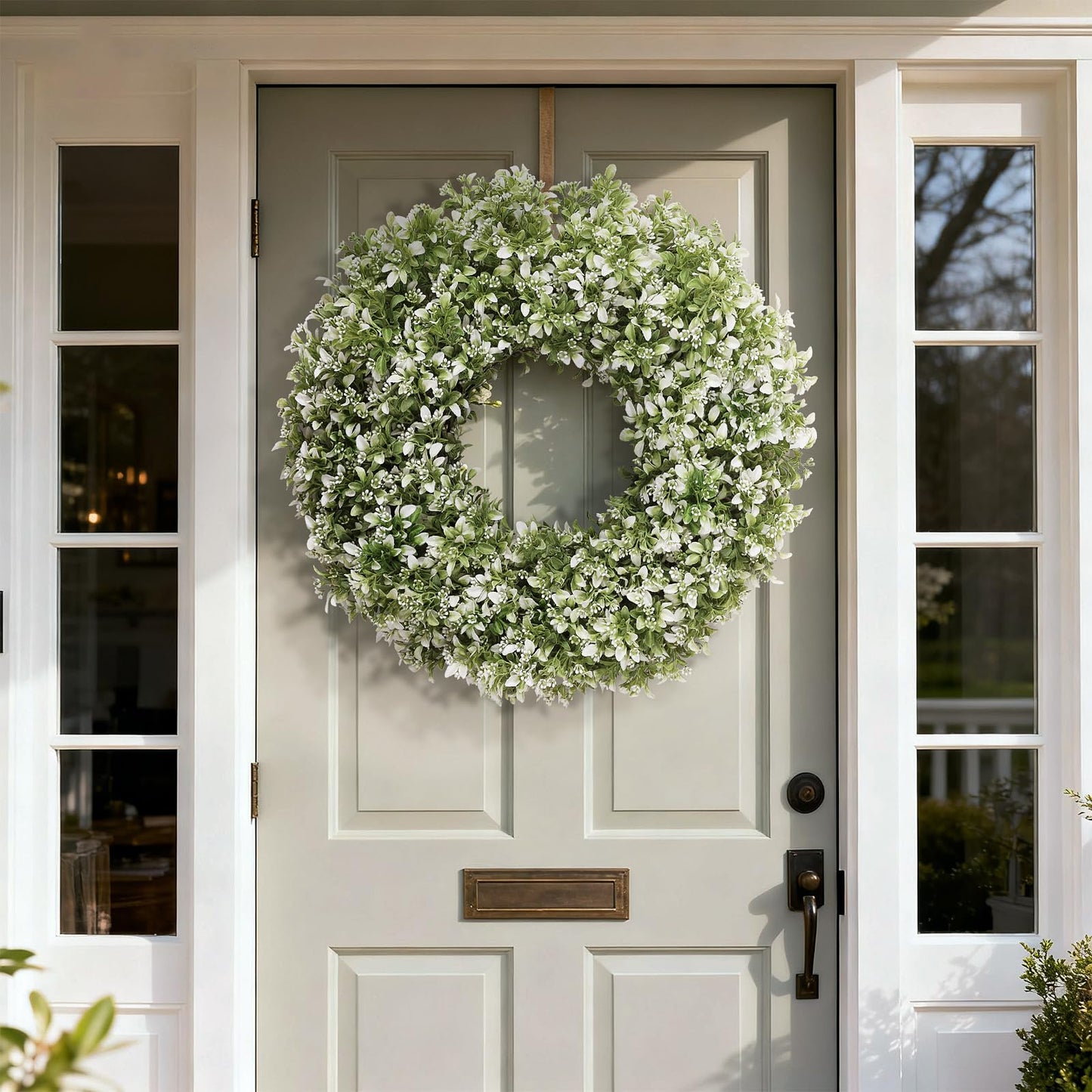 26" Artificial Boxwood Wreath for Front Door - Large Faux Aglaia Odorata Wreath, Fake Eucalyptus Leaves Plants for Wall Window Farmhouse Outdoor Decor - Spring, Summer, All Seasons (White-Green)