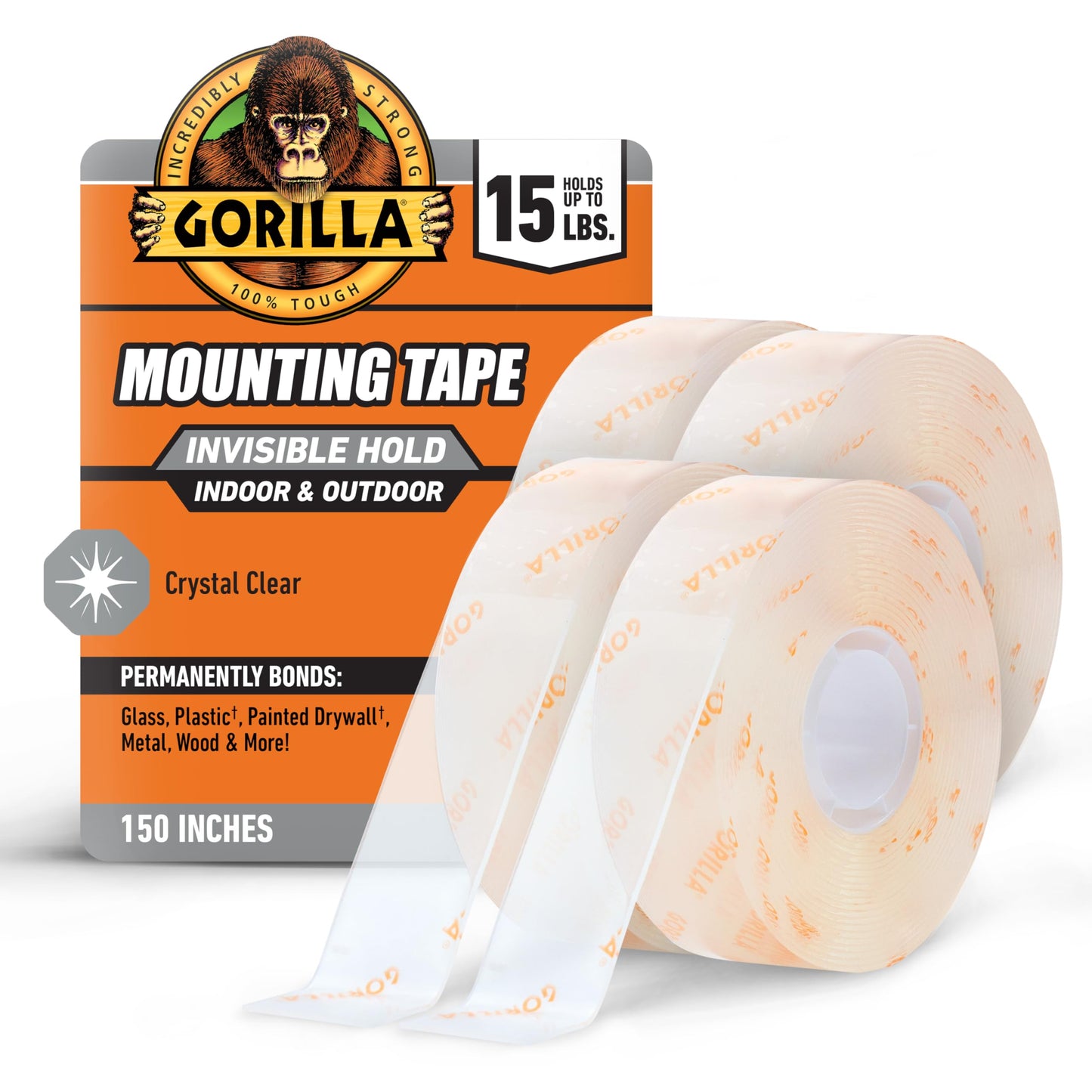 Gorilla Invisible Hold Mounting Tape, 1" x 150" (Pack of 4), Clear Double Sided Tape for Strong, Permanent Indoor & Outdoor Hanging