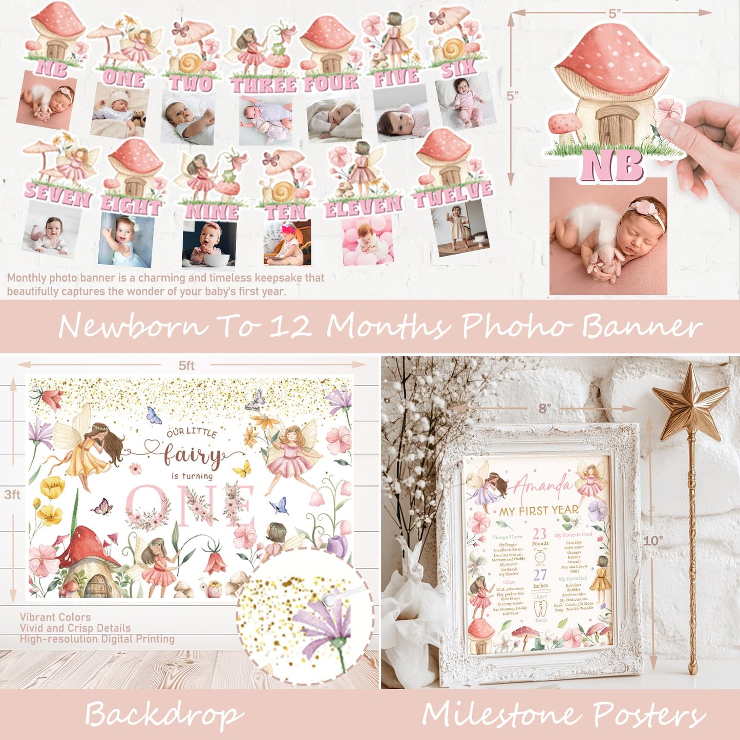 Fiesec Fairy First Birthday Decorations, Flower Themed 1st Birthday Party Decorations for Girl, Our Little Fairy is Turning One Backdrop Banner Tablecloth for Floral Forest Garden One Year Old Girl