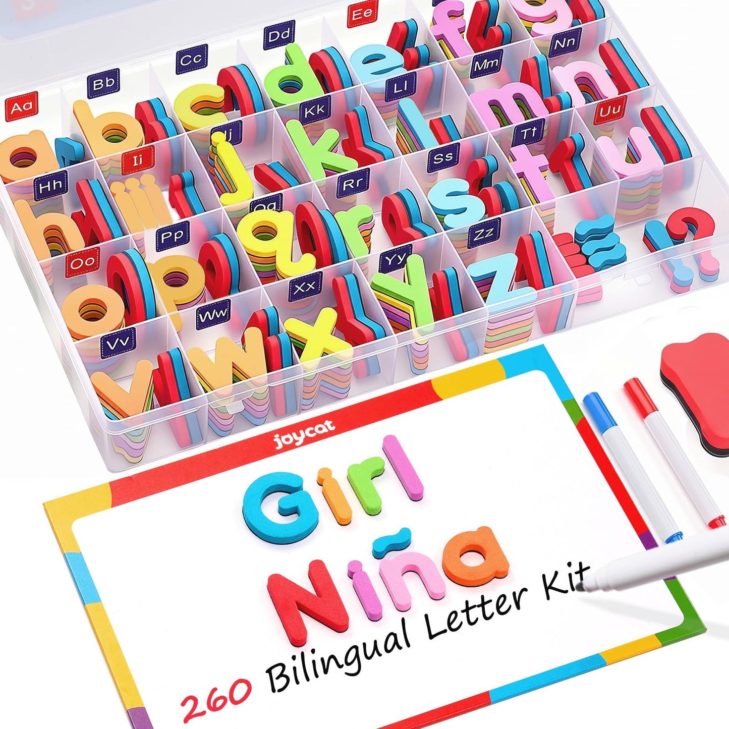 JoyCat Classroom English & Spanish Magnetic Letters Kit 234 Pcs with Double-Sided Magnet Board - Foam Alphabet Letters for Preschool Kids Spelling and Learning - Fridge Magnets ABC Education Toys