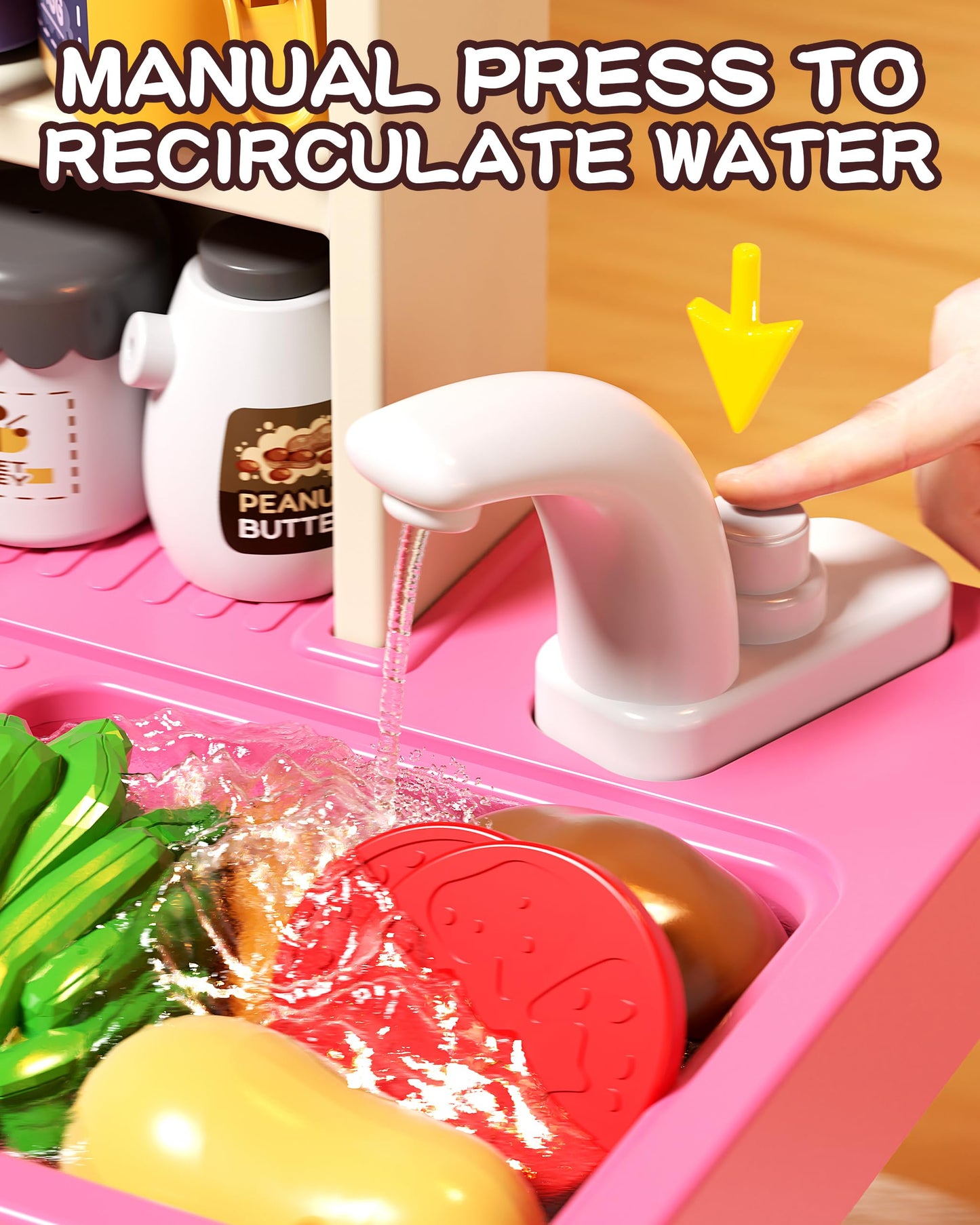 33.8IN Kids Kitchen Playset, 70PCS Kid Play Kitchen with Realistic Lights & Sounds, Spray Sink Toy Kitchen Accessories, Pretend Food Toys Kitchen for Boys Girls Toddlers Age 1-3(Pink)