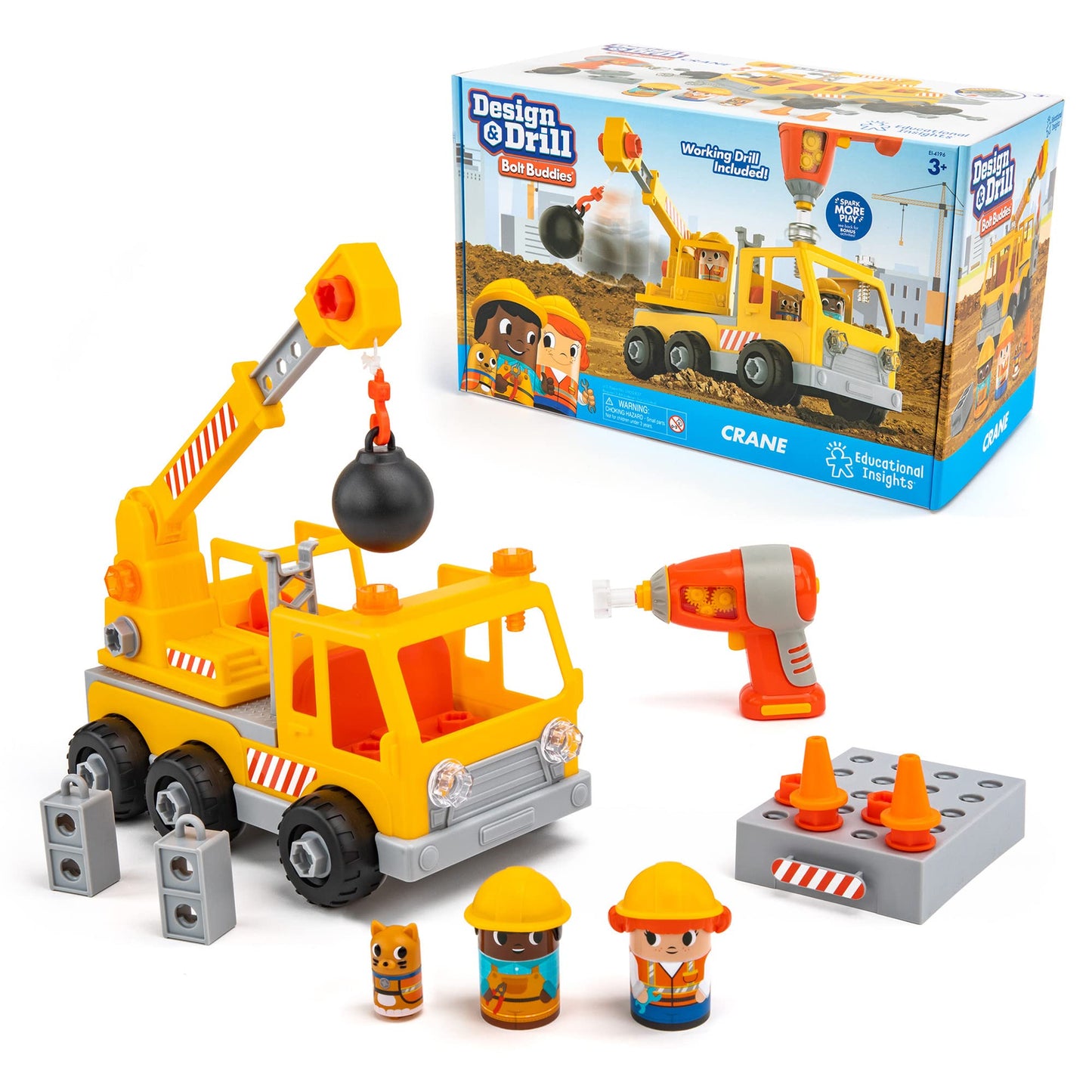 Educational Insights Design & Drill Bolt Buddies Crane - Construction Toys & Toddler Tools, Kids Tool Set with Real Electric Drill Toy, Take Apart STEM Set, Toddler Building Toys for Ages 3+