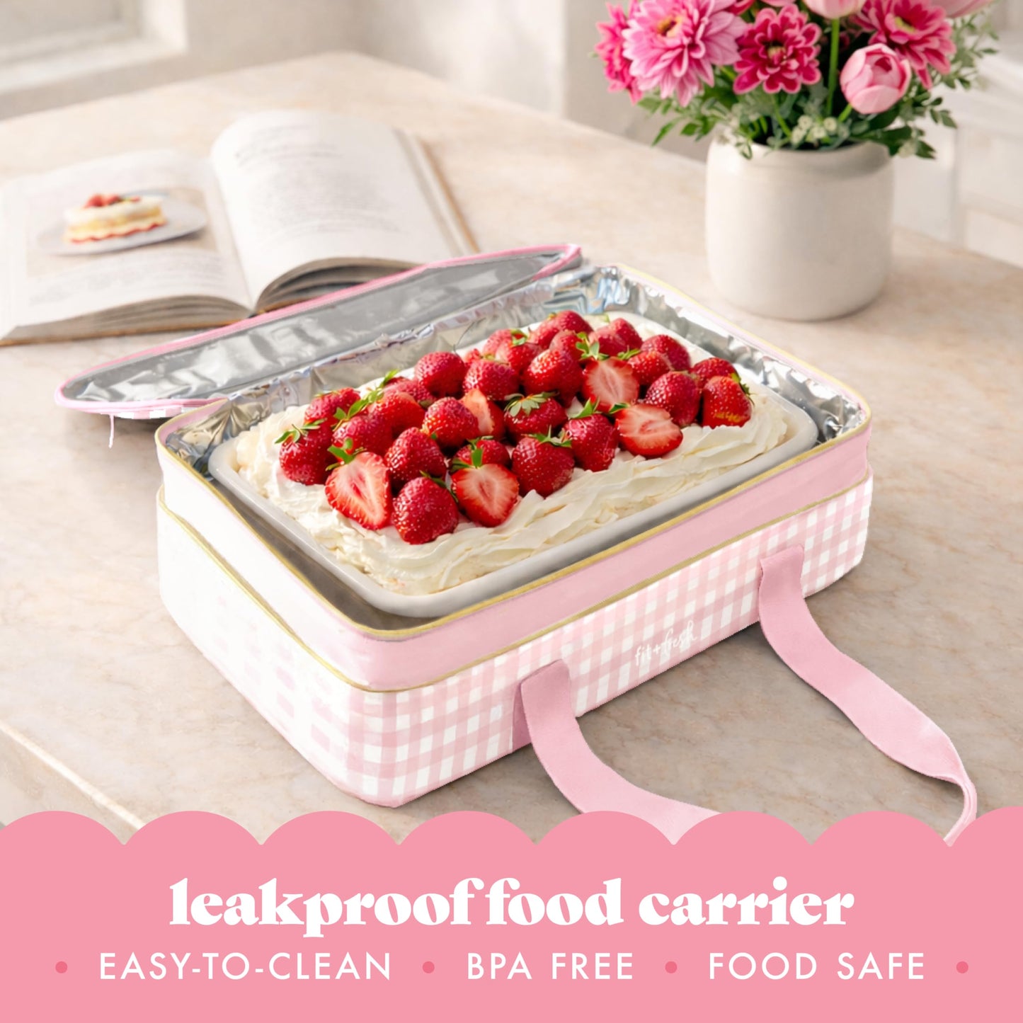 Fit & Fresh Insulated Casserole Carrier - Double Decker Food Carrier Fits Two 9x13 Dishes, Expandable Hot & Cold Food Transport Bag with Zipper Pocket for Potluck, Easter & Travel, Pink Gingham