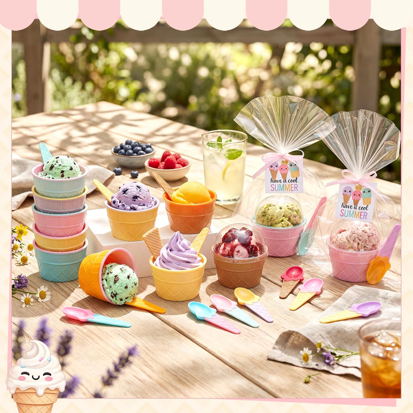 Maxdot 36 Pack End of Year Gift Ice Cream Bowl Set with Spoons, Clear Dome Lids, Gift Bags & Cards and and Pink Ribbon Reusable Plastic Dessert Cups for Yogurt, Party Favors, Summer Events