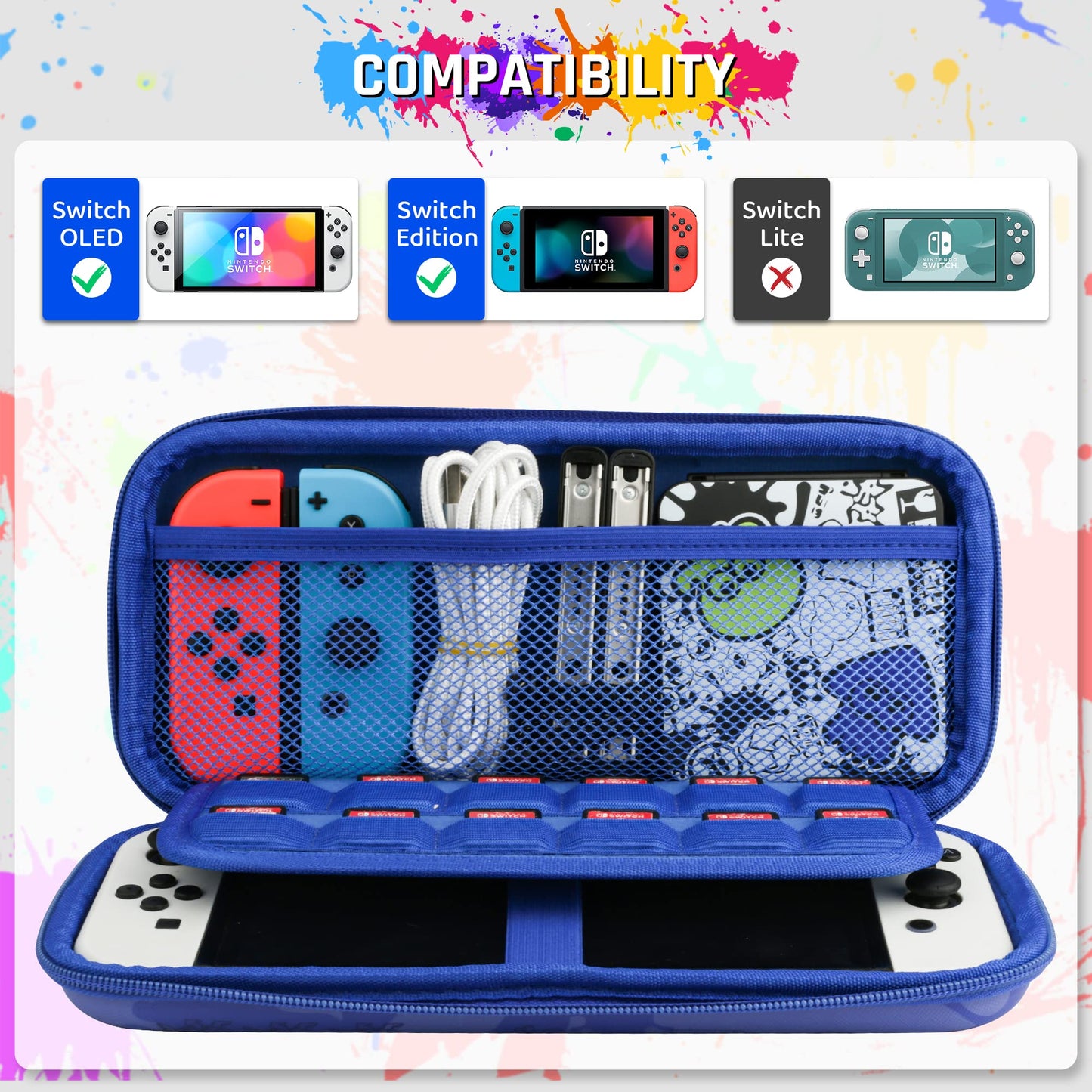 RHOTALL Blue Carrying Case for Nintendo Switch & Switch OLED Cover for splatoon 3, Hard Portable Travel Case for Switch Game Accessories Bundle Kit with Game Case and 2 Thumb Caps - for boys girls
