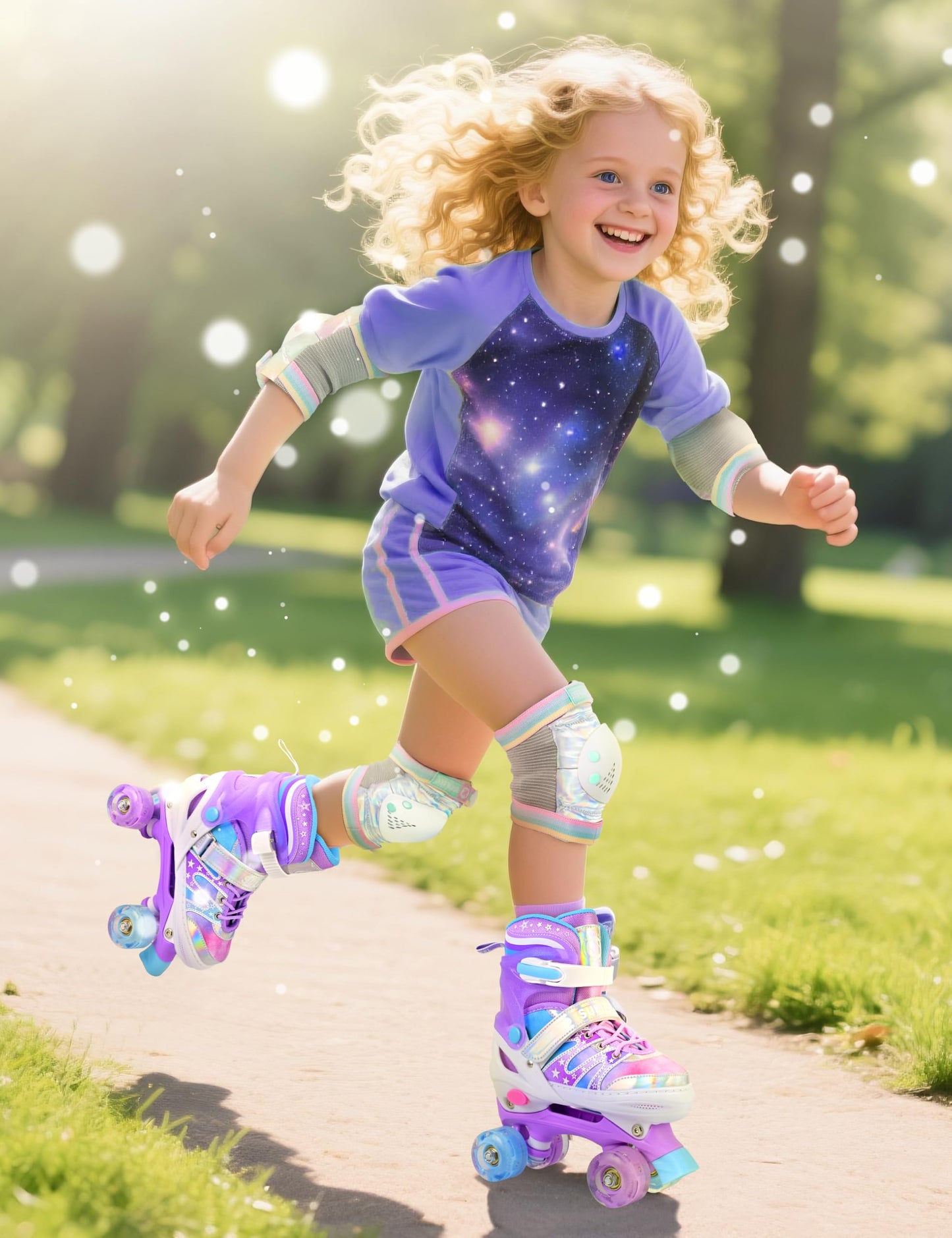 SULIFEEL Rainbow Tie-Dye Adjustable Roller Skates for Girls Kids Ages 3-5 5-8 6-12 Pink Purple Light Up Skate with Fluffy Pom Poms Triple Protection for Indoor Outdoor Skating
