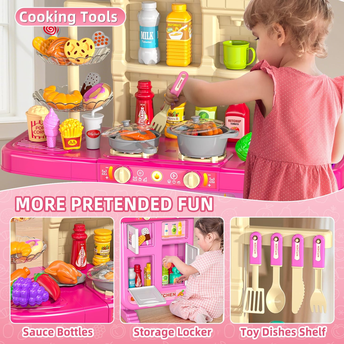 MSKOLER 36 in Kids Kitchen Playset for Ages 2-6 4-8, Play Kitchen with Light, Sound and Spraying, Sink Toy Accessories, Cooking Stoves, Pretend Food Toys for Toddlers 1-3 3-5 Boys Girls 6-12 (Pink)