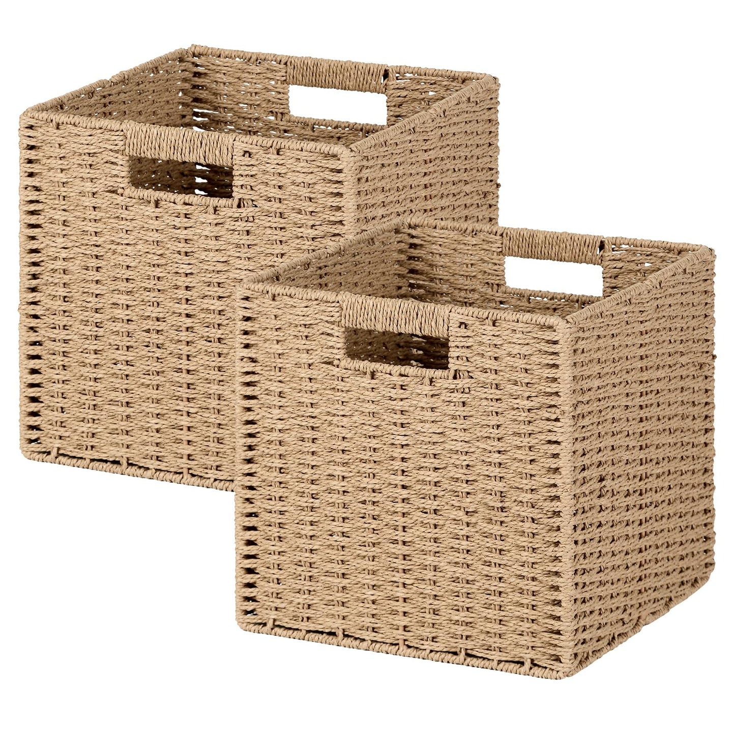 Woven Wicker Storage Baskets 2-Pack, 11x11 Handwoven Paper Rope Organizer Bins, Foldable Cube Storage Cubes with Built-in Handles for Shelves and Closet Organization(Natural Beige)