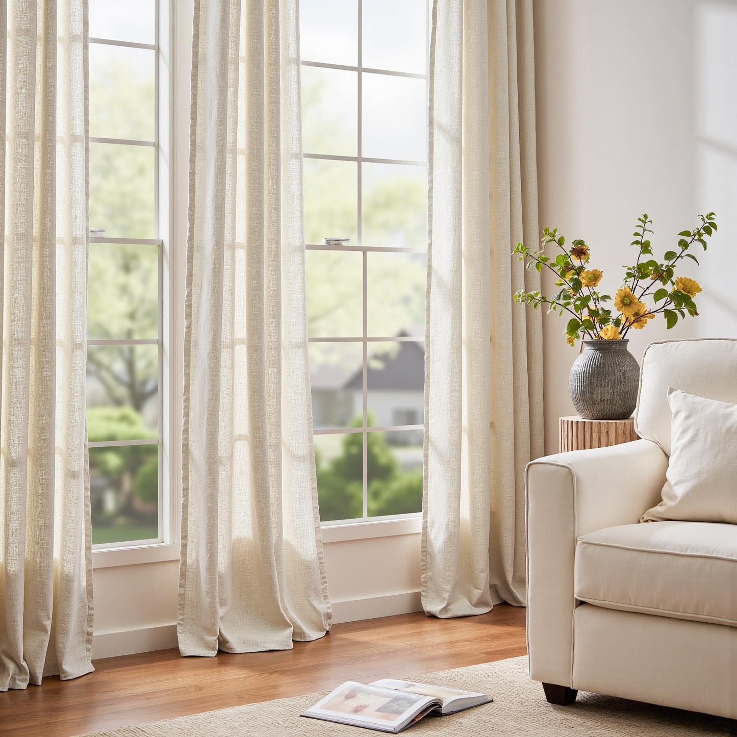 jinchan Linen Beige Curtains for Living Room Bedroom 108 Inches Length Farmhouse Light Filtering Drapes Rod Pocket 4 Panel Curtains Set Back Tab 9 feet Extra Long Crude
