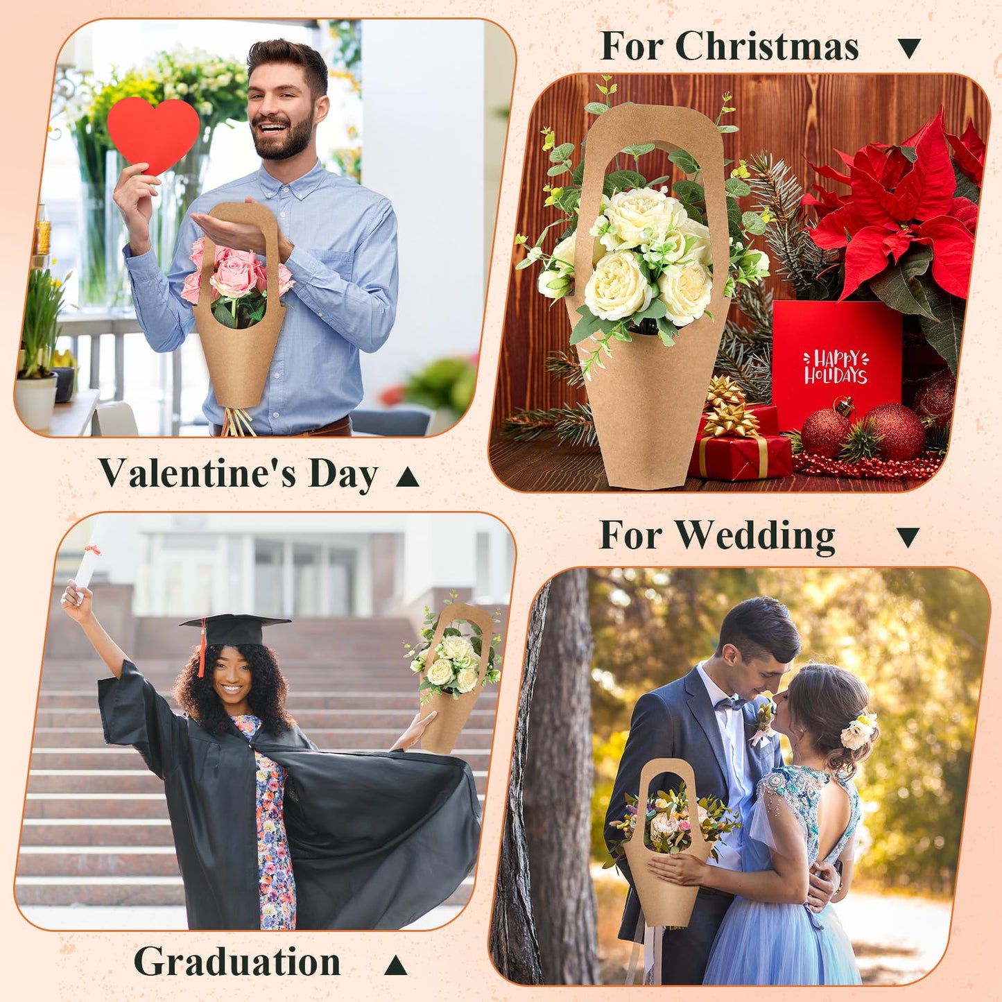 Gilprop 100 Packs Kraft Paper Flowers Gift Bags with Handle, 13.8'' Flowers Bouquet Holder for Wedding, Valentines Day Decoration, Florist Shop