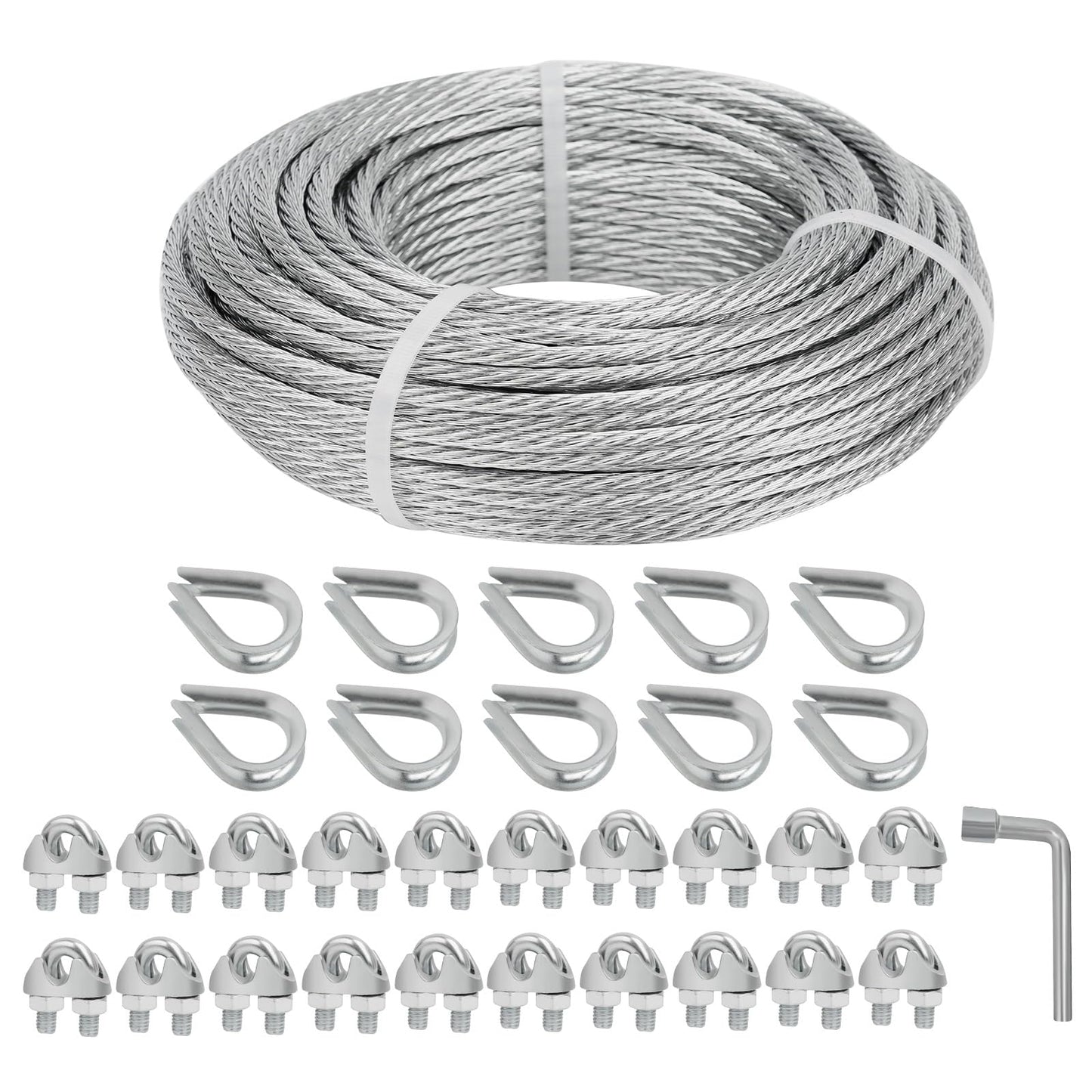 hannger 3/16 Galvanized Wire Rope, 100ft Galvanized Steel Cable 3/16 Inch, 7X7 Strands Core Aircraft Cable with 3/16 Rope Clamps, Thimbles, for Anchored Shed, Clothesline, Lights Hanging, Yard Zipline