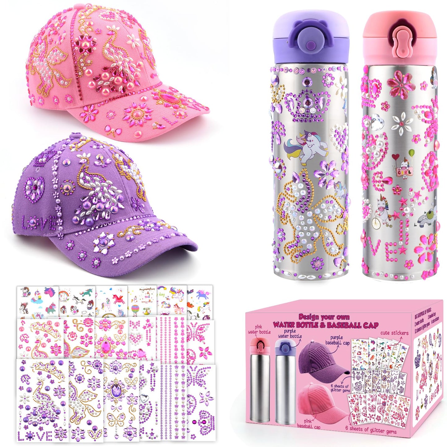 Distasio Unicorn Water Bottles Girls Personalized Water Bottles Kids, Decorate Your Own Water Bottle Baseball Cap w/ 18 Sheets of Unicorn Stickers and Glitter Gems Gifts Girls 6-12 Year Old