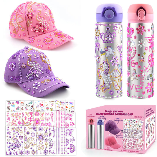 Distasio Unicorn Water Bottles Girls Personalized Water Bottles Kids, Decorate Your Own Water Bottle Baseball Cap w/ 18 Sheets of Unicorn Stickers and Glitter Gems Gifts Girls 6-12 Year Old