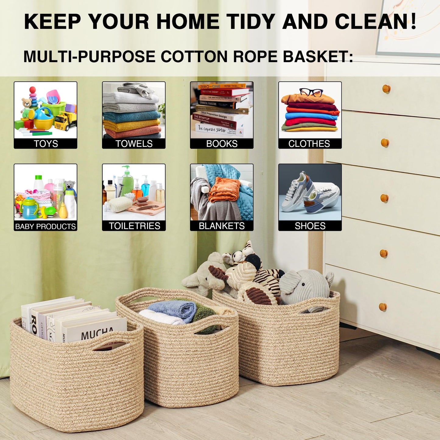 Dcerzxzci Storage Baskets for Organizing Shelves, Woven Cotton Rope Basket for Storage, Dog Toy Baskets Storage Kids, Cute Shelf Basket for Living Room Bedroom, 14.8"×11"×9.5", Pack of 3, Brown