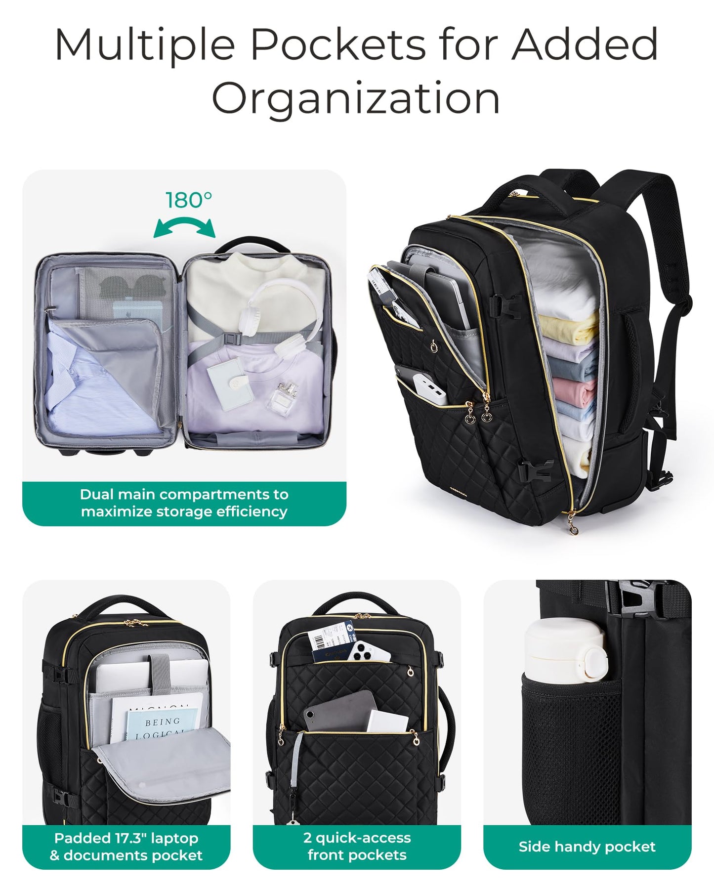 BAGSMART Rolling Backpack for Women, Wheeled Backpack with Packing Cube, Travel Backpack with Wheels, Carry On Suitcase Bag with Wheels 17 Inch Large Roller Backpack, Champagne