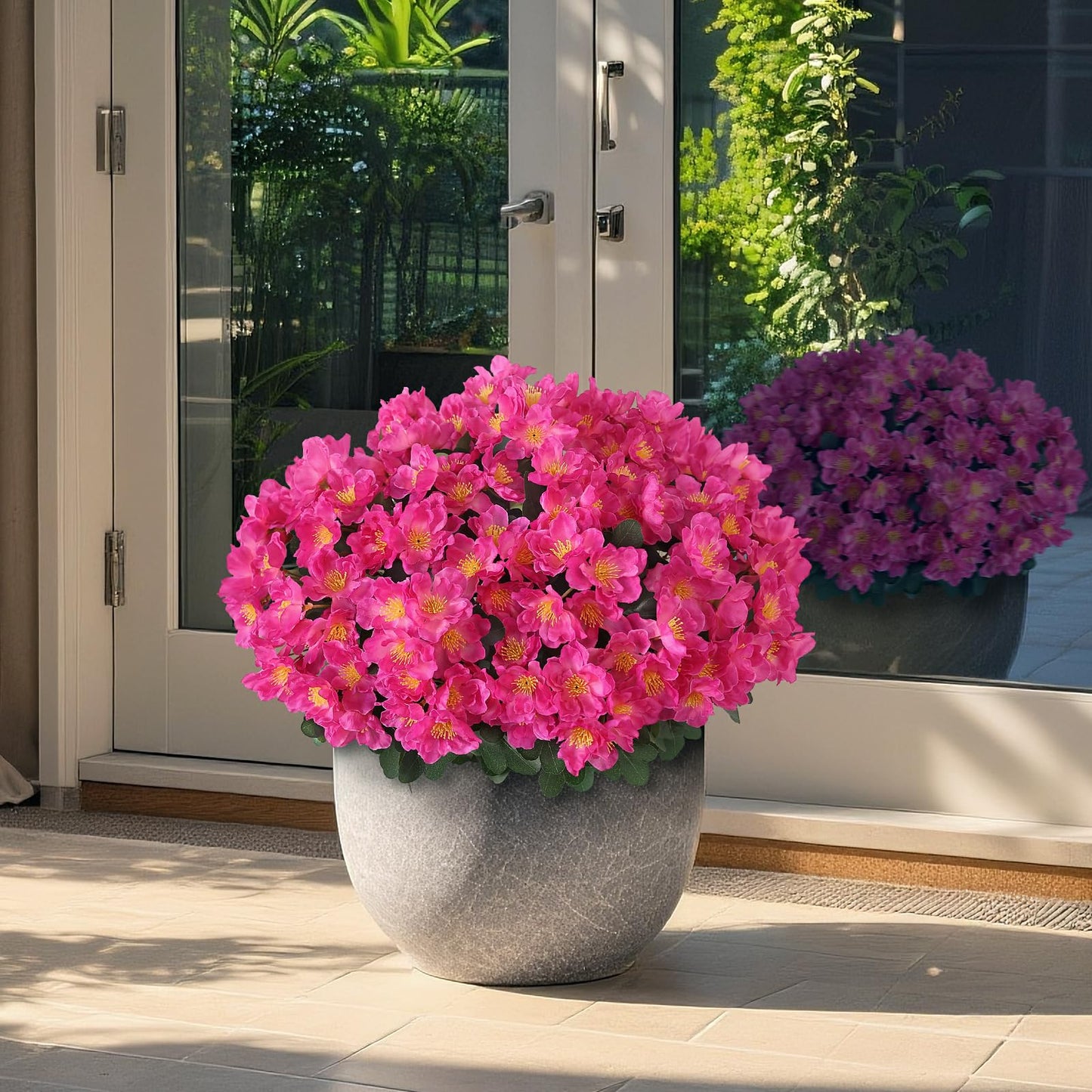 Juxdp 2 Sets of Artificial Camellia Topiary Ball Trees - Fake Flower Potted Plants, UV Resistant Faux Camellia Potted Bushes for Front Door, Farmhouse, Porch, Garden, Outdoor Decoration (Rose Red)