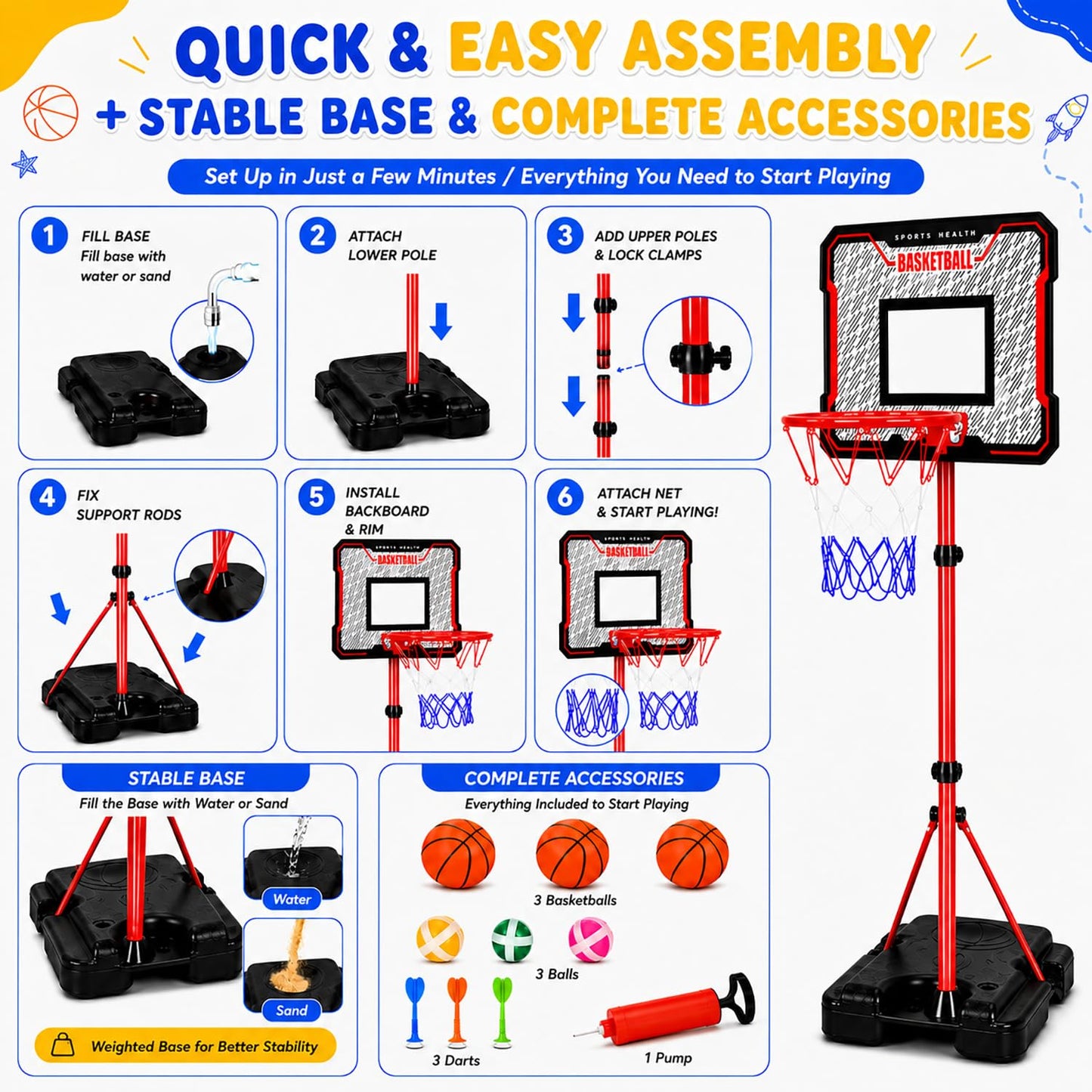 MinoSkia 3-in-1 Kids Basketball Hoop with Dart Game, Height Adjustable 3.5-6.2FT Indoor Outdoor Portable Kids Basketball Hoop for Boys & Girls Ages 3-8, Includes Pump & Balls, Space Theme Dart Board
