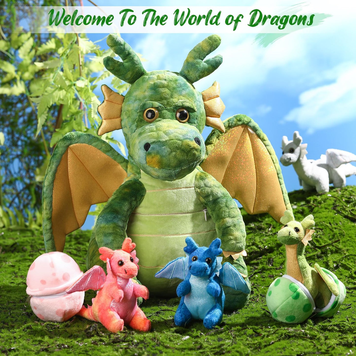 Arrowbash 7 Pcs Dragon Plush Toys Gift Set 15.75" Large Dragon Mom Stuffed Animal with 4 Cute Babies and 2 Eggs in Mommy's Belly for Kids Birthday Christmas Classroom Prizes(Green)