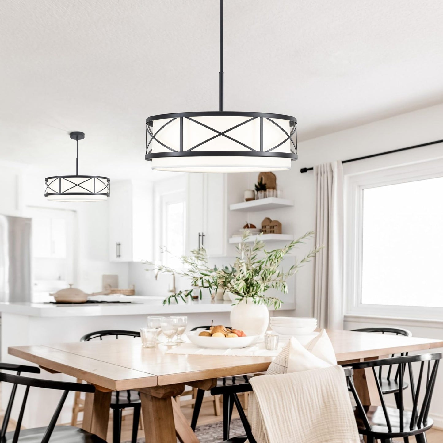 19.7'' Black Drum Chandelier, 5-Light Modern Drum Farmhouse Chandeliers for Dining Room Light Fixture Hanging Pendant Light with White Fabric Shade for Kitchen Living Room Foyer Entryway Bedroom