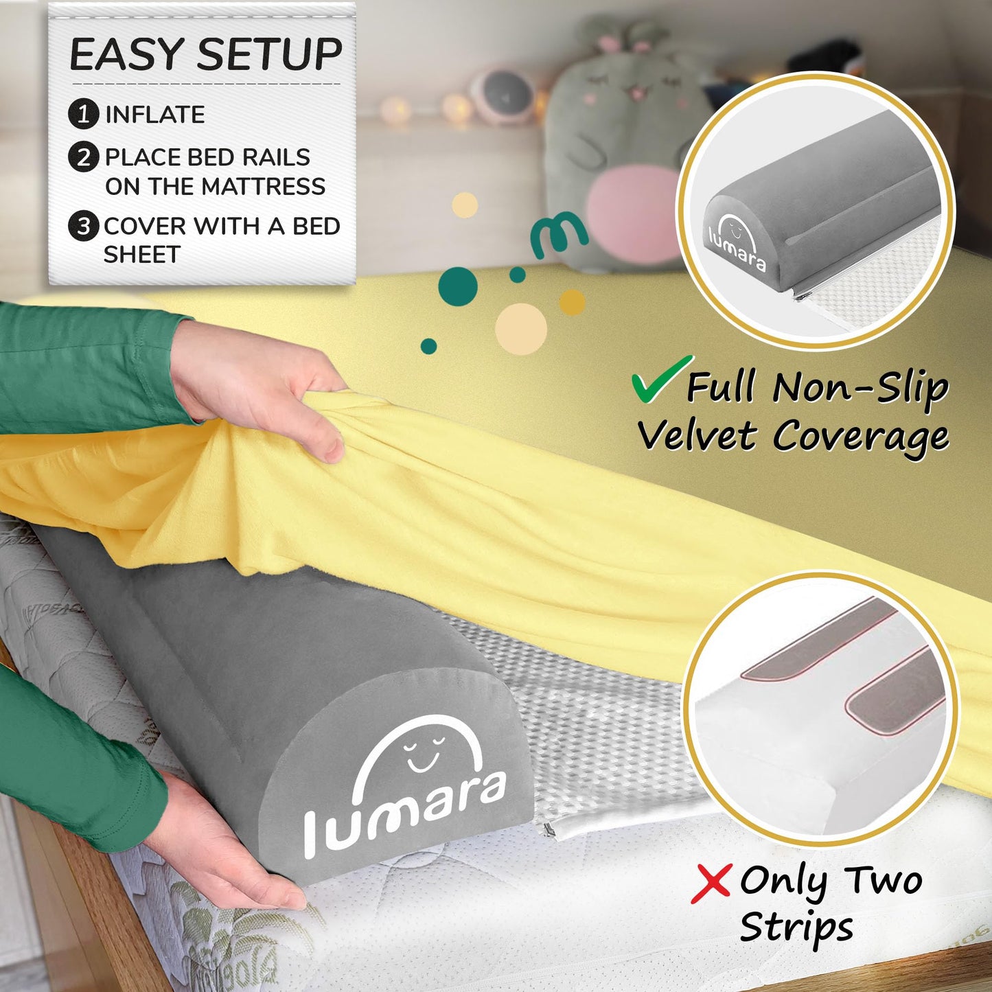 LUMARA Inflatable Bed Rail for Toddlers 2 Pack - Portable Travel Bed Bumpers for Kids Fits Twin Full Queen King Size Beds - Non-Slip Safety Guard Rails