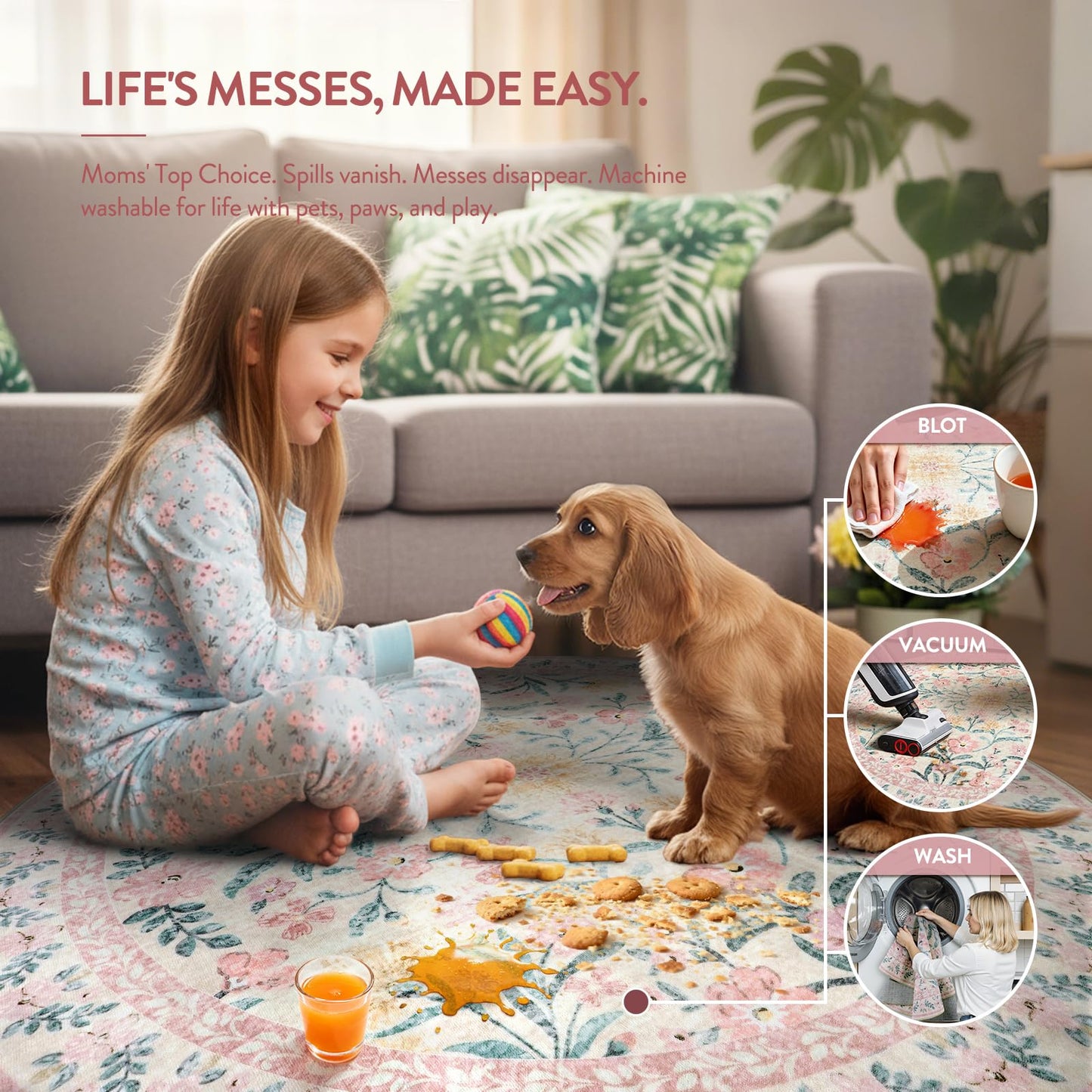 Lahome Pink Bedroom Rug for Girls Room Decor, 5x7 Washable Cute Playroom Nursery Rug, Soft Floral Low Pile Carpet for Kids Living Dining Room Indoor, Pink/Multi