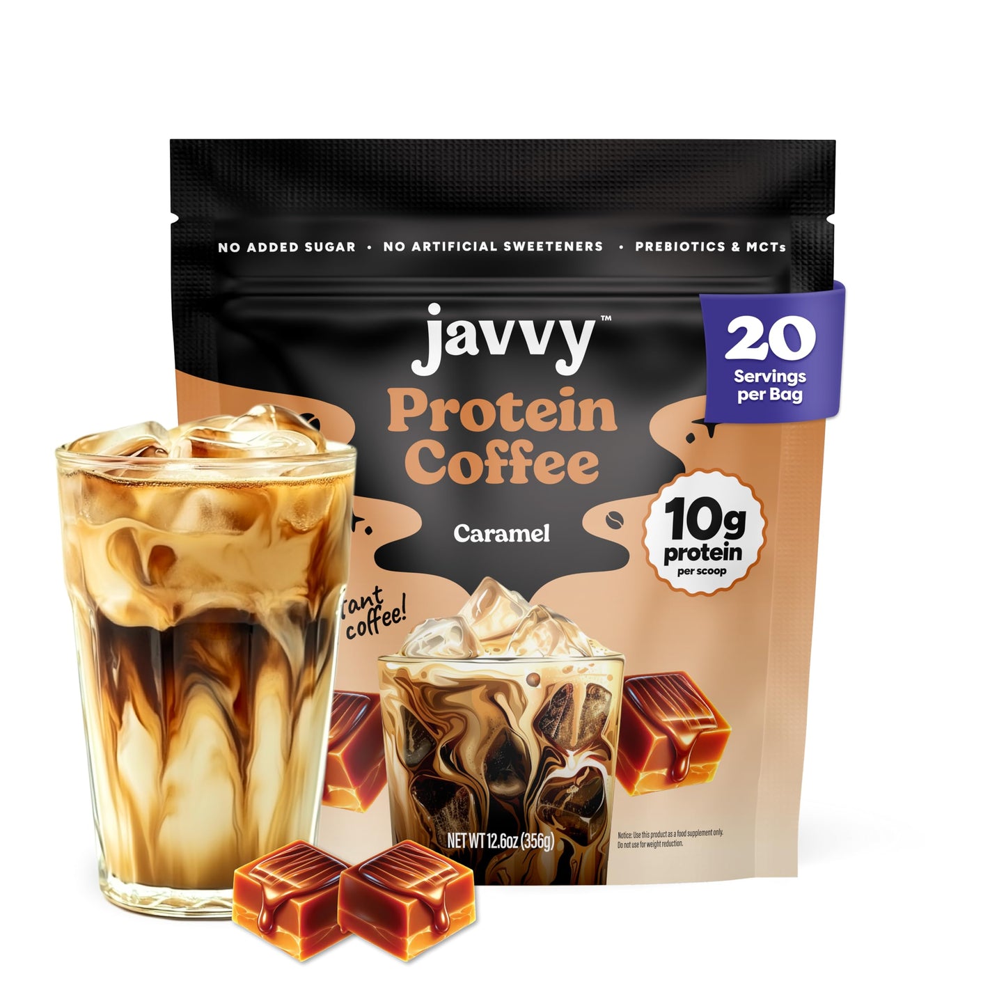 Javvy Protein Iced Coffee - Premium Whey Protein & Iced Coffees, 100% Natural Cold Brew, Zero Artificial Flavors & Sweeteners, 80mg Caffeine, No Added Sugar, 20 Servings, Caramel, 1 Pack