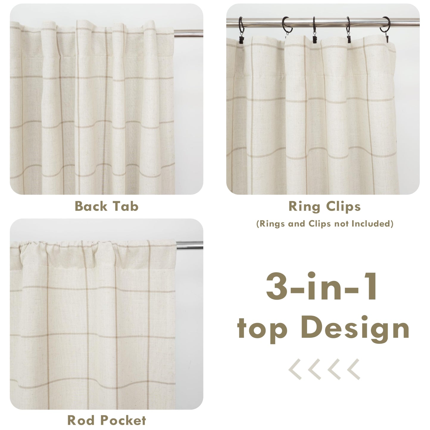 DriftAway 2 Panels 100% Blackout Windowpane Plaid Linen Curtains Double Layer Drapes for Bedroom 84 Inches Long Farmhouse Thermal Insulated 3.25 Inch Rod Pocket Back Tab for Living Room Taupe